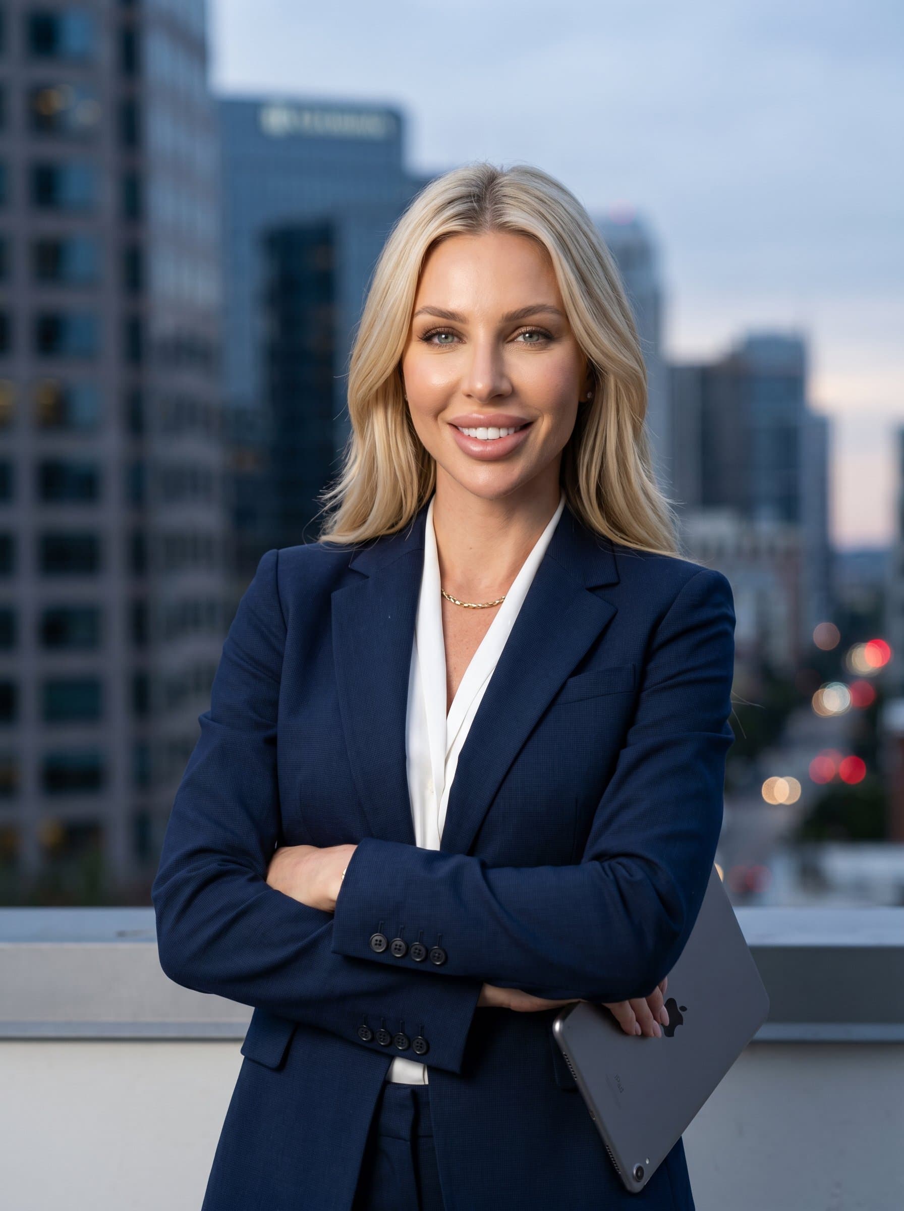 An approachable with a soft-focus urban skyline background, dressed in a tailored suit. The expression is welcoming, suggesting a consultant skilled in urban development and strategic planning.