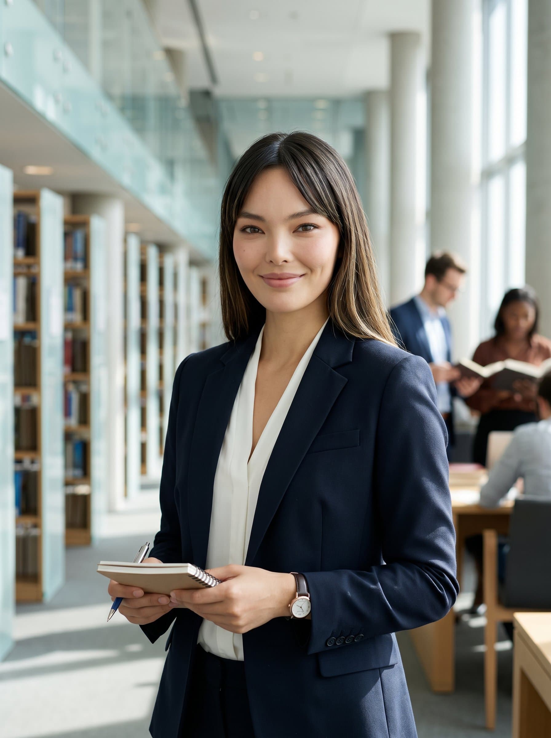 posed in a contemporary library setting, dressed in professional academic attire. This headshot emphasizes intellect and expertise, ideal for a consultant in educational and scholarly fields.