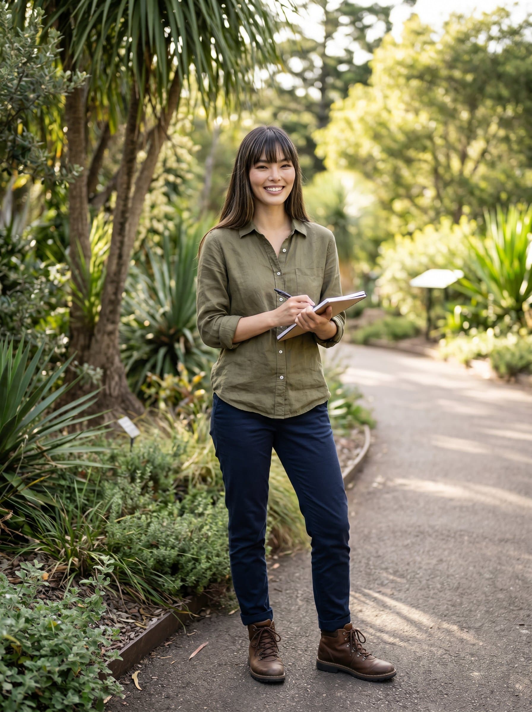 captured in a natural outdoor setting with greenery, exuding calm and reliability. The attire is comfortable yet professional, suitable for an environmental consultant promoting sustainability.