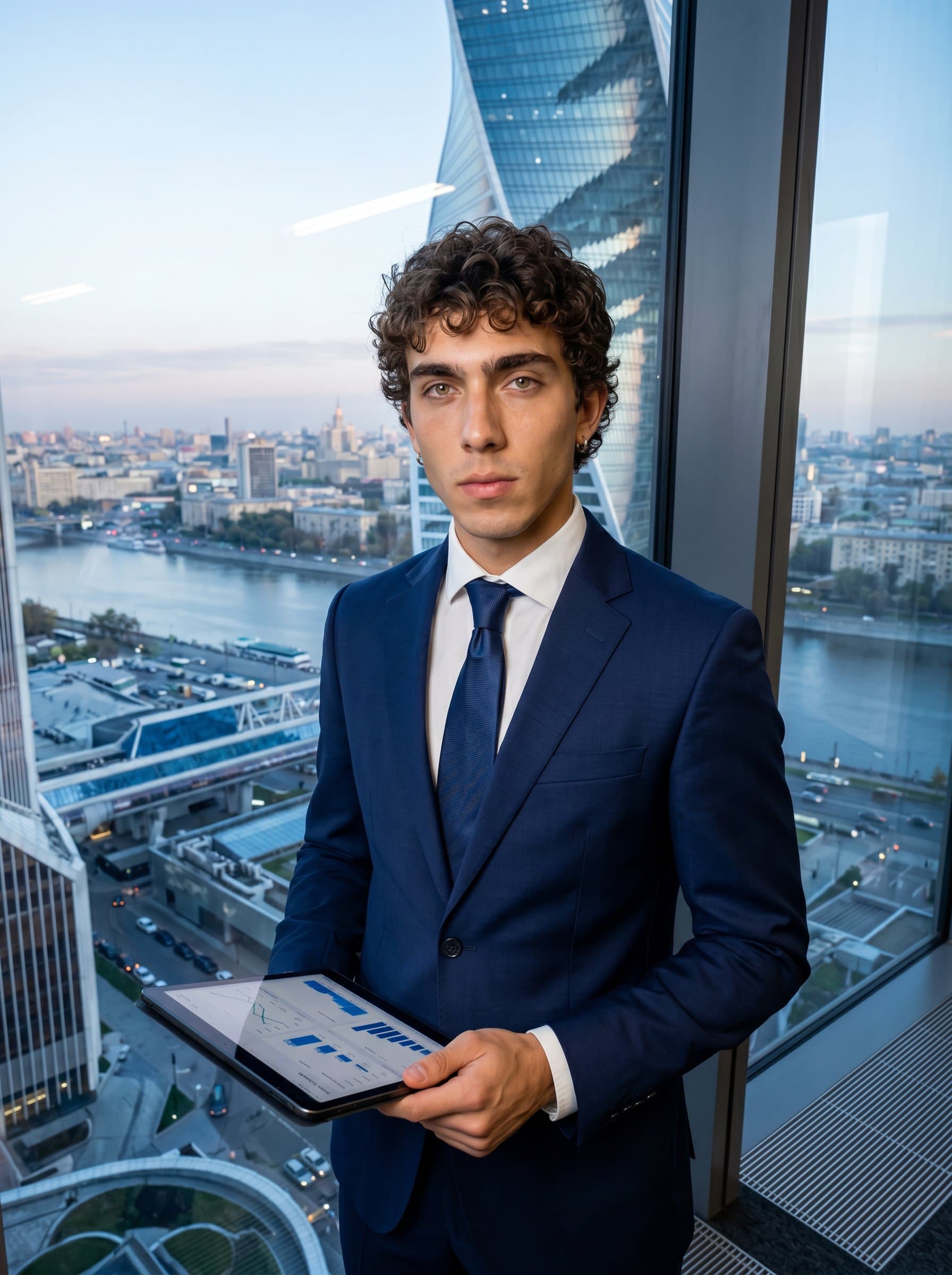 An influential with a panoramic city view, dressed in executive business wear. The expression is confident and assertive, conveying adeptness in corporate consulting and high-stakes decision-making.