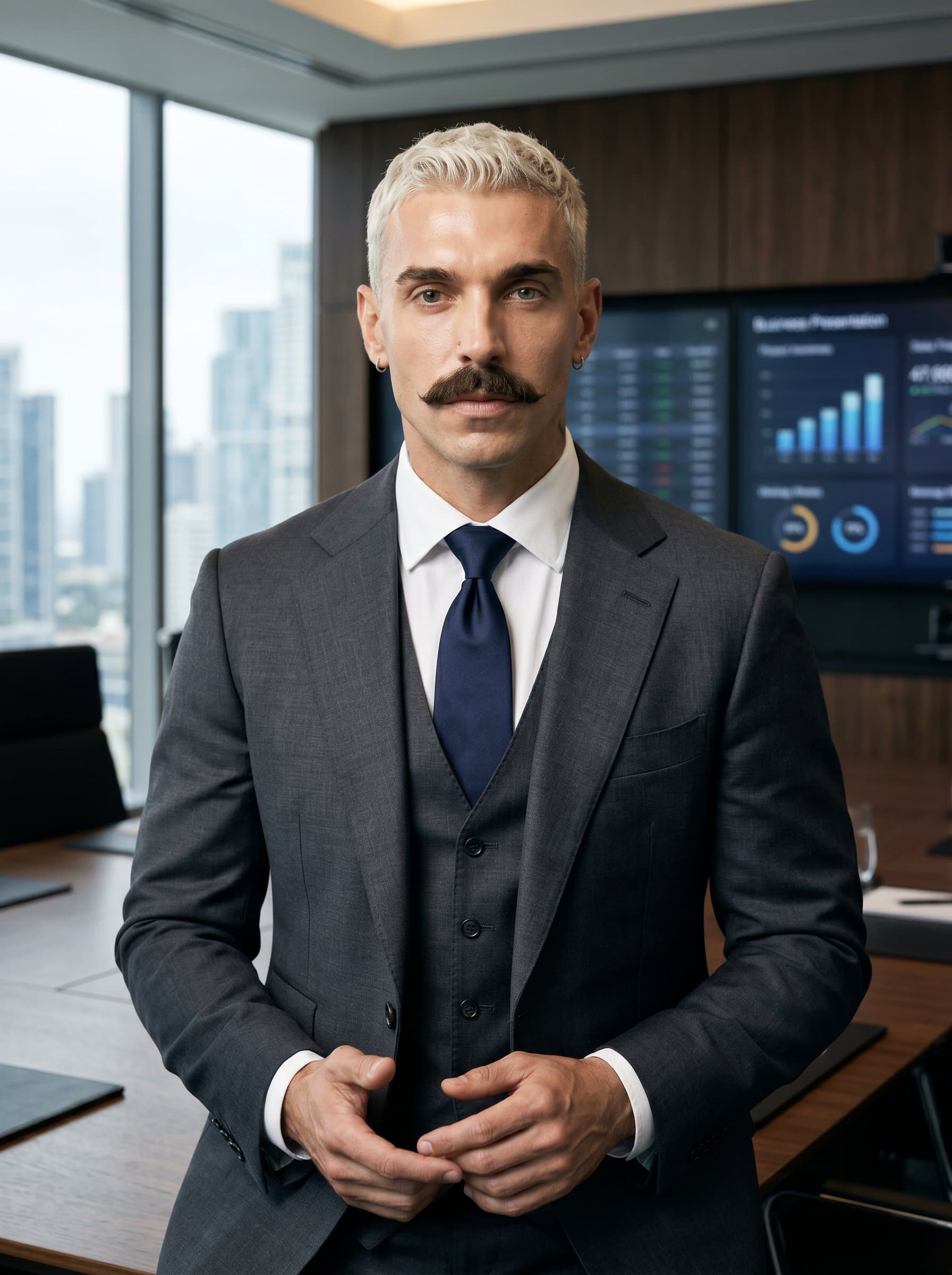 A visionary in a well-appointed boardroom, with an attire that denotes executive presence. The headshot is tailored for a consultant in high-level corporate strategy and operations.