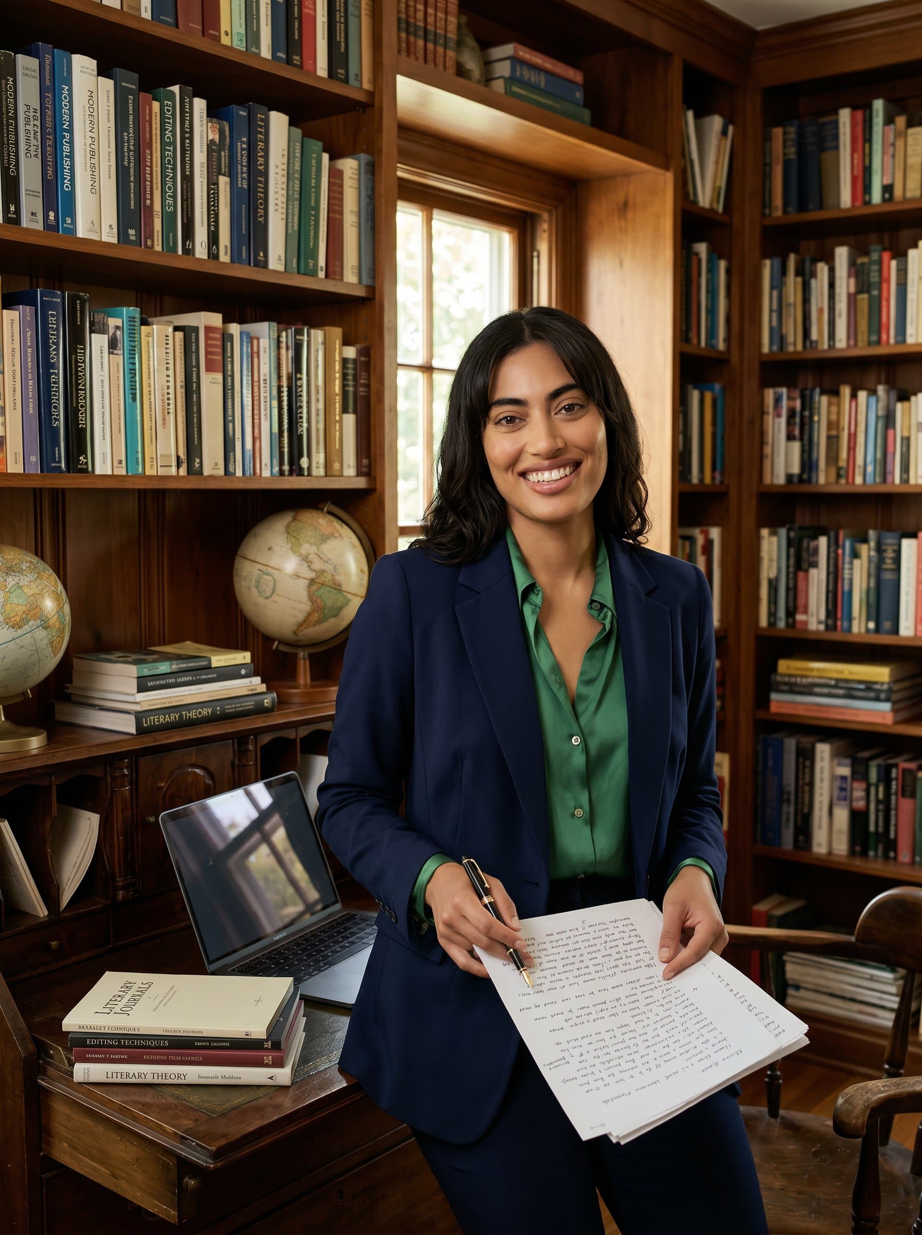 A personable in a cozy, book-lined study, wearing semi-formal attire. The scene suggests depth of knowledge, ideal for a consultant in literary or publishing fields.