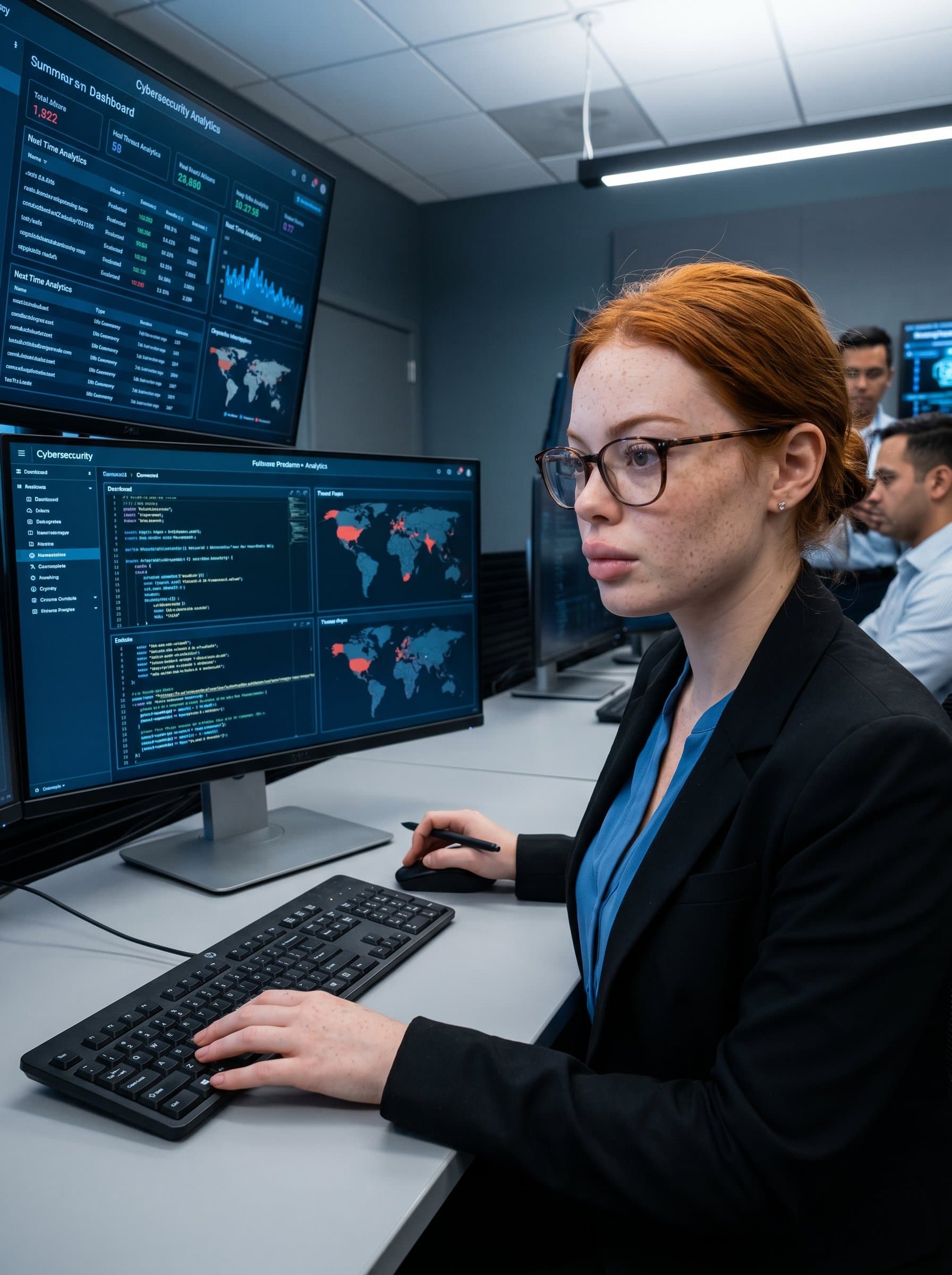 in a sleek, high-tech control room setting, displaying focus and determination. The attire is smart and contemporary, fitting a consultant in cybersecurity expertise.