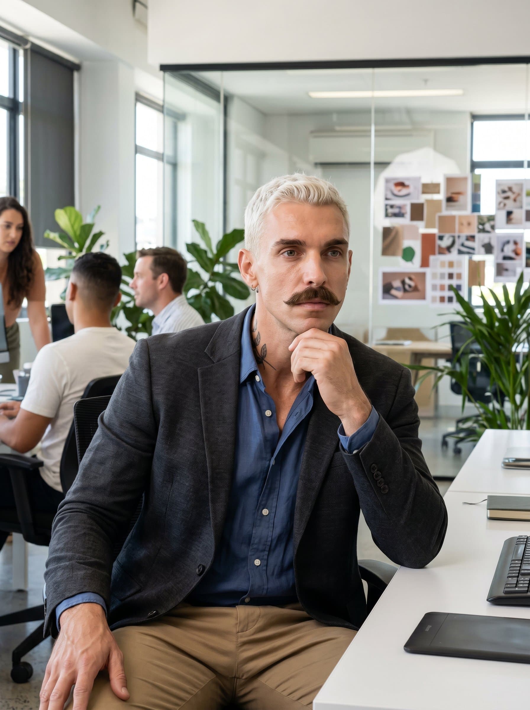 in a modern office setting, exuding professionalism through a thoughtful expression. The attire is business casual, reflecting versatility and adaptability, perfect for a consultant specializing in creative industries.