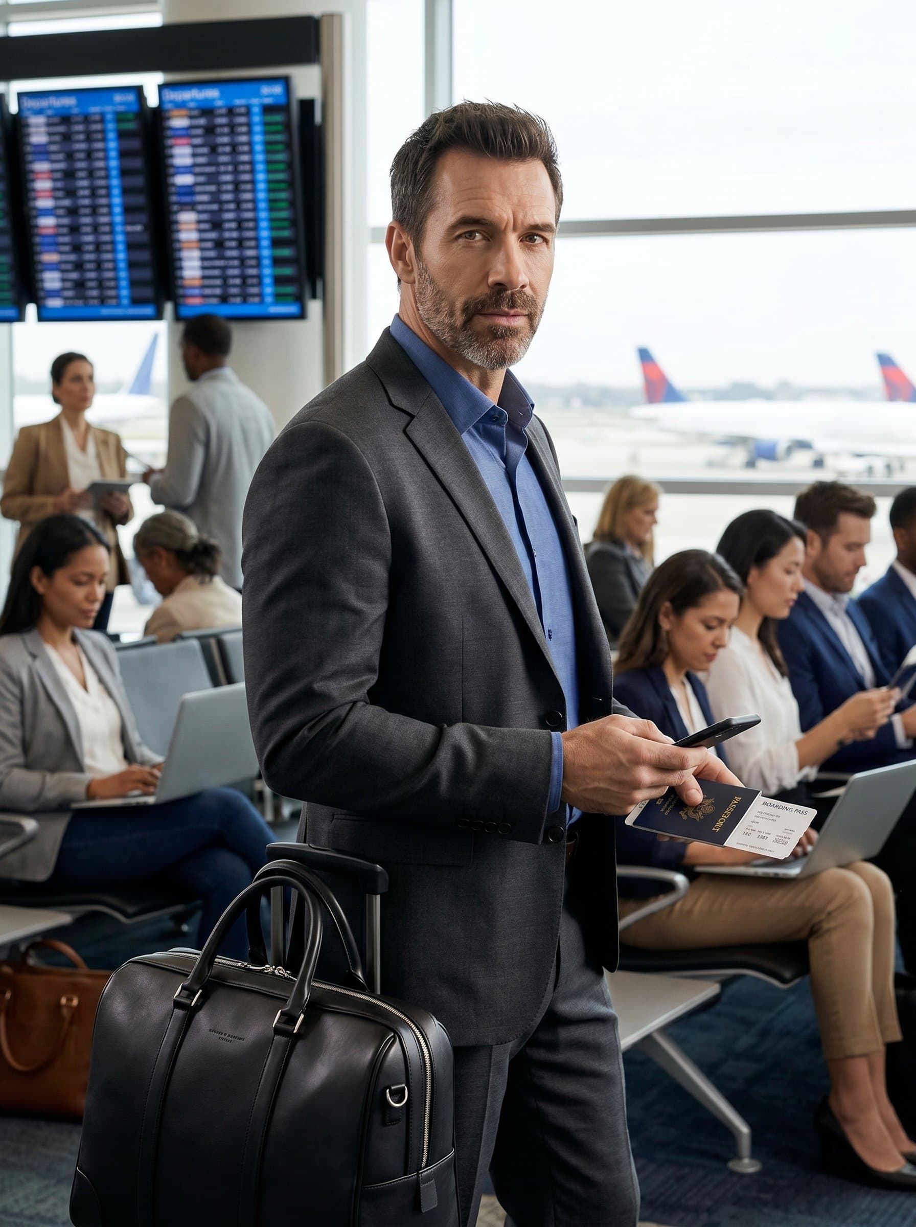 An agile amidst a busy airport lounge, dressed for business travel. The headshot conveys mobility and readiness, suitable for a global business consultant.