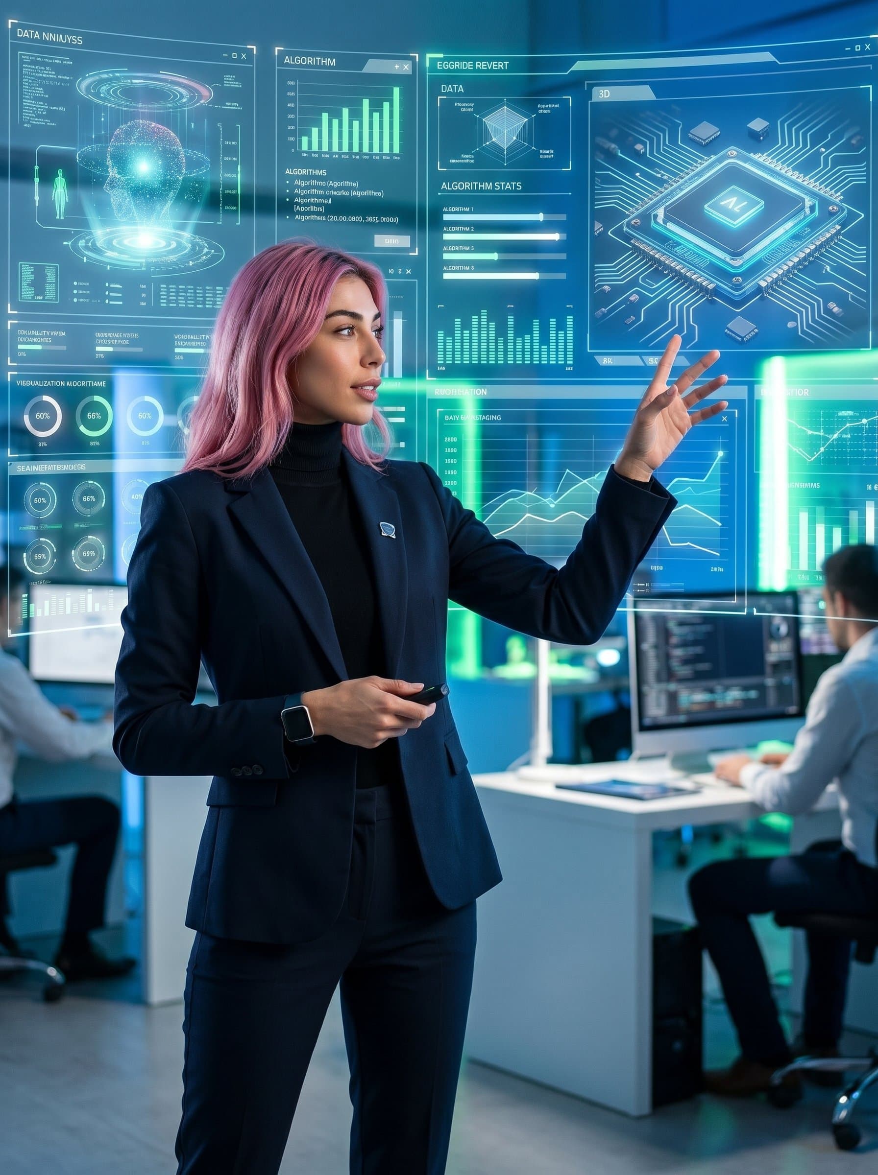 A dynamic and innovative set against a futuristic digital interface backdrop. The attire is modern and sharp, suitable for a consultant in emerging technologies and digital transformation.