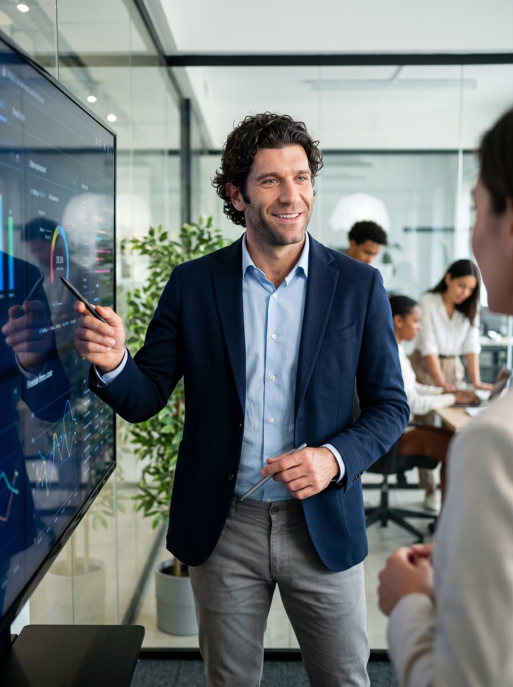 A charismatic inside a modern tech workspace, with bright, focused lighting. The attire is business casual, perfect for a consultant in IT, showcasing clarity and problem-solving abilities.