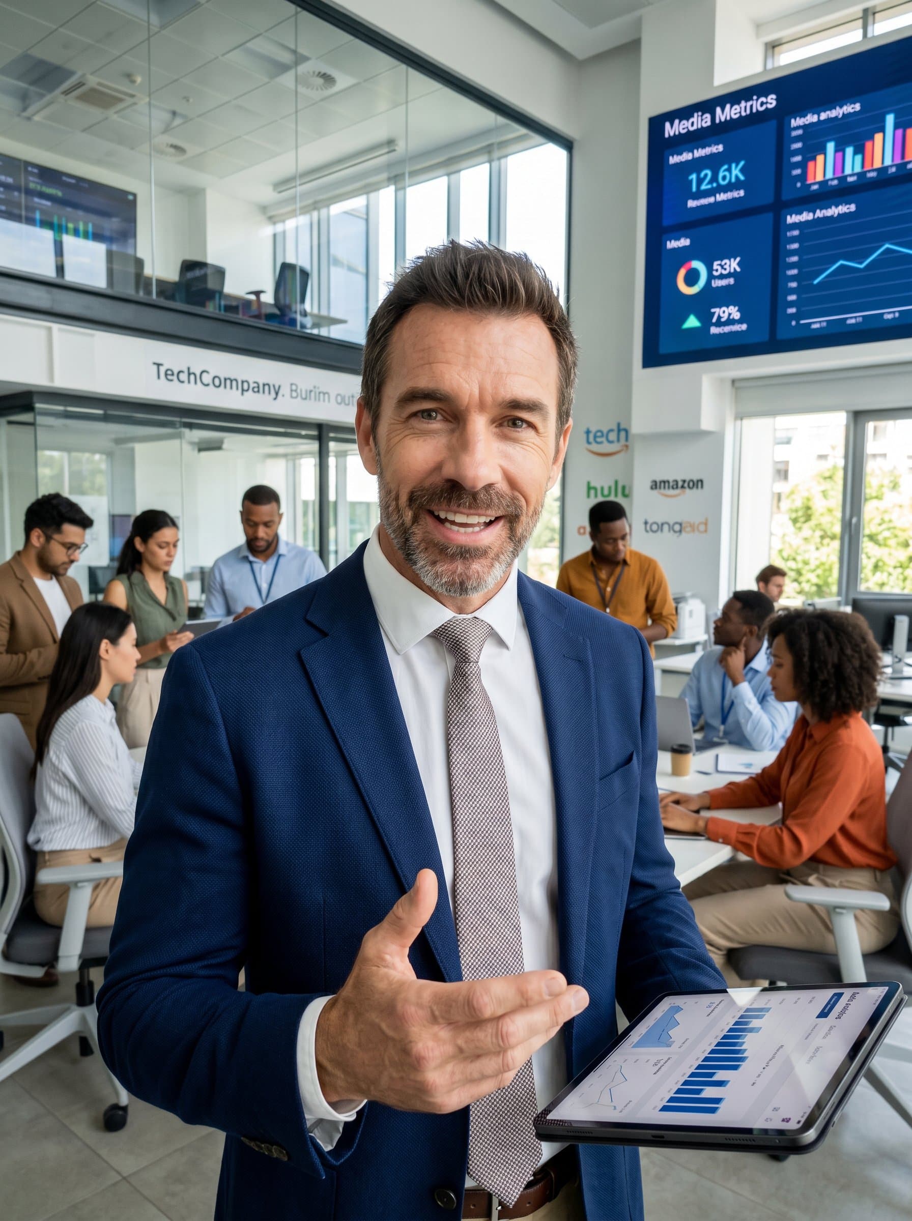 A forward-thinking in a bustling tech hub, wearing sharp business attire. The expression conveys enthusiasm and expertise, perfect for an innovative consultant in digital media or communications.