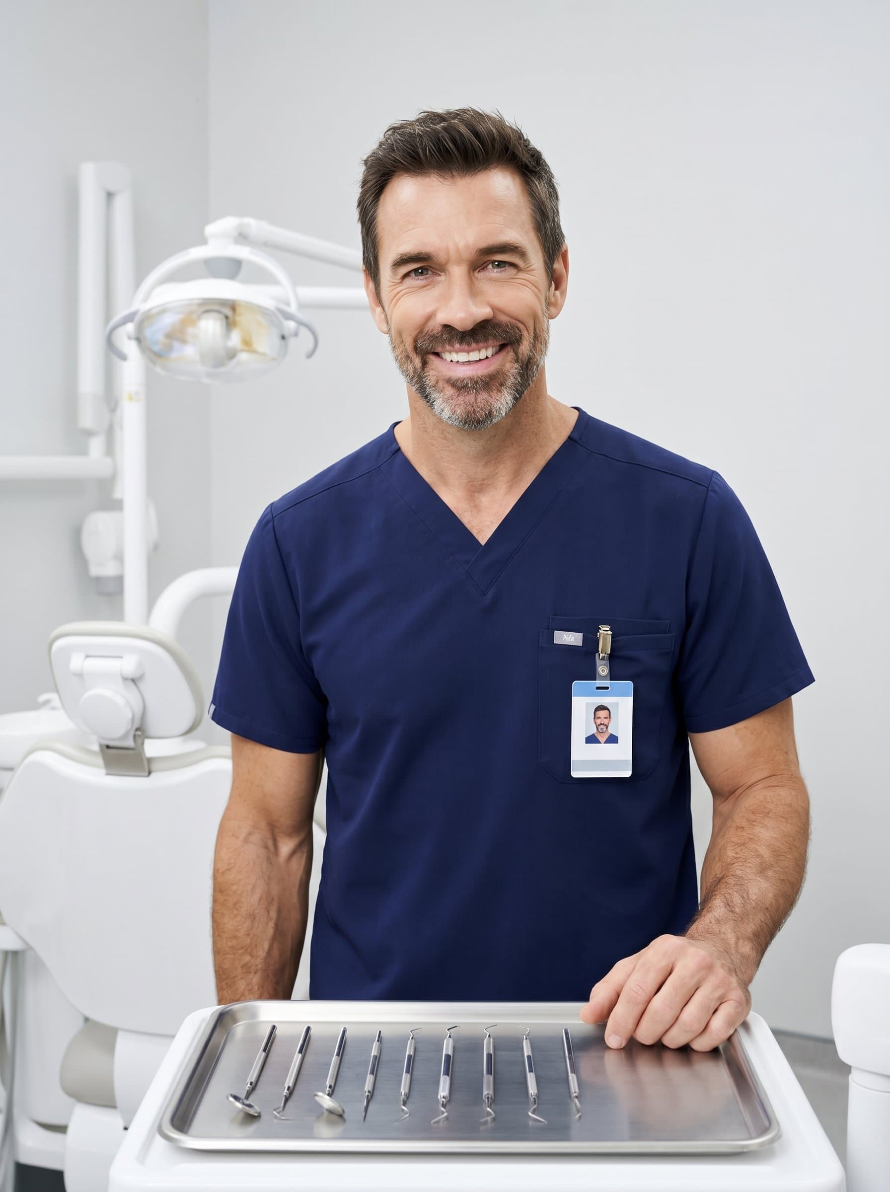 Illustrate a highlighting a dentist beside a row of dental instruments, displaying a courteous smile, in a clean, understated office setting, symbolizing expertise and friendliness.