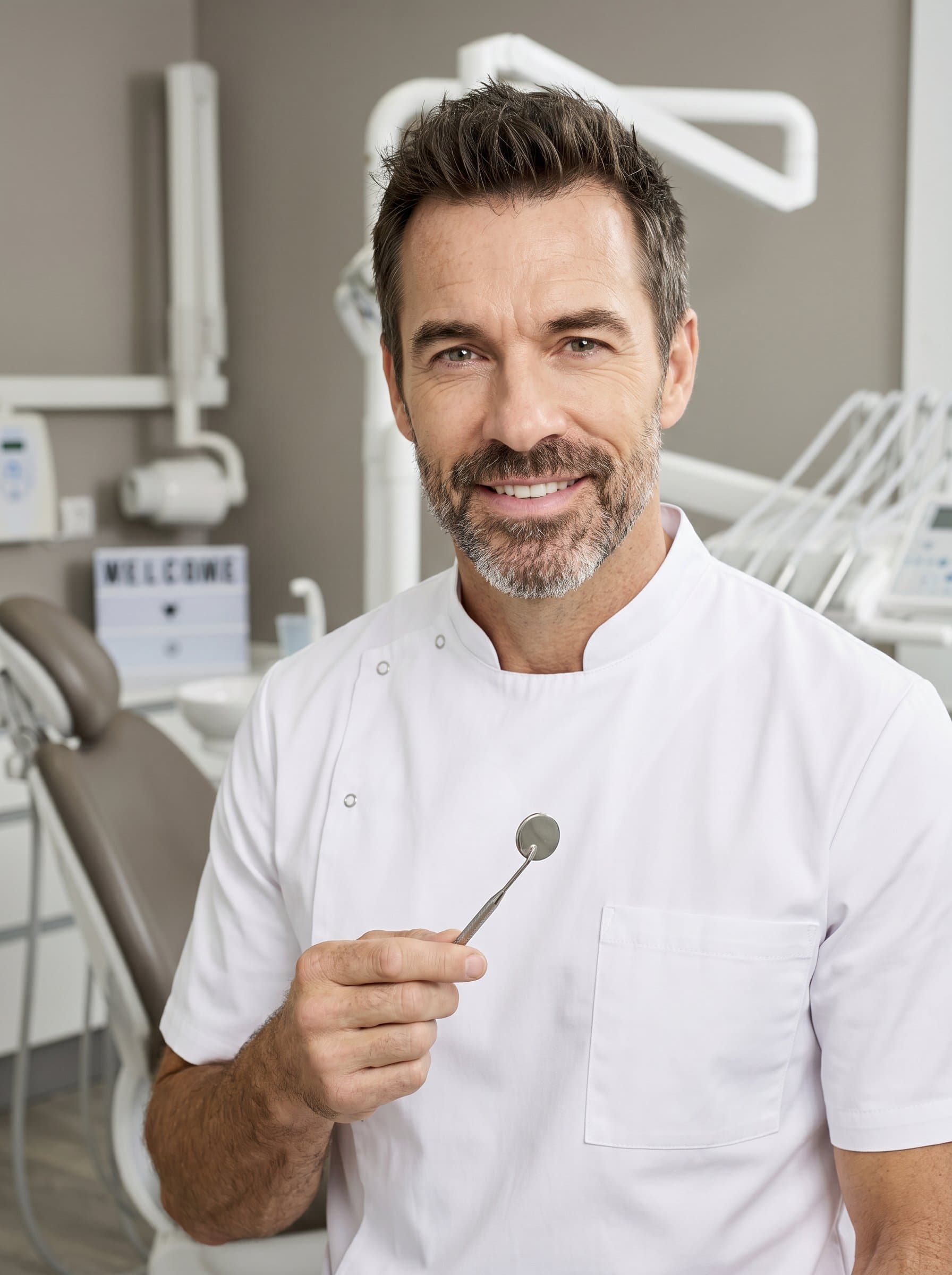 Photograph a featuring a dentist holding a dental mirror, with a friendly expression, against a muted dental clinic backdrop, emphasizing professionalism and a welcoming demeanor.