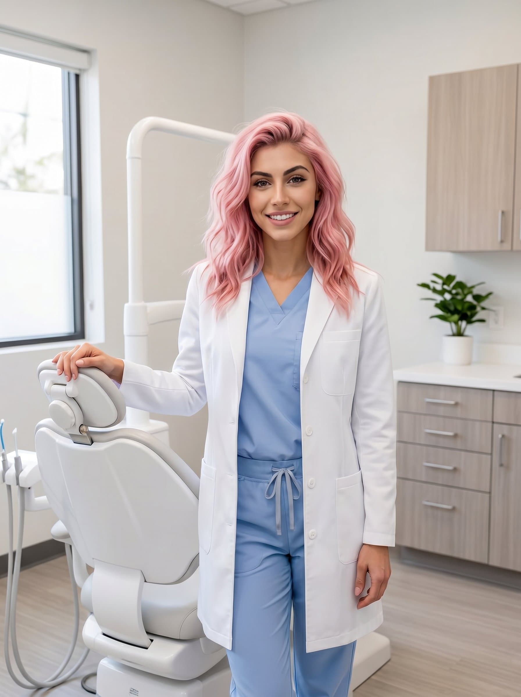 Capture a of a dentist wearing a crisp white coat, standing beside a dental chair, exuding confidence and warmth, with soft lighting highlighting their approachable smile in a pristine office.