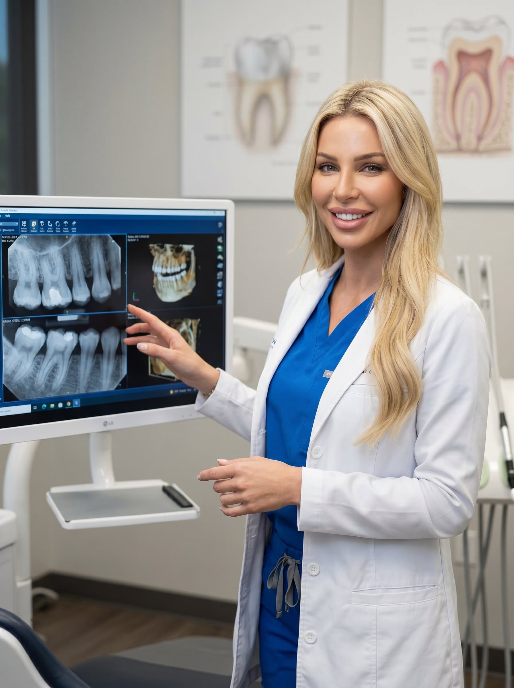 Create a portraying a dentist smiling beside a dental monitor, with a subtle hint of dental diagrams in the background, emphasizing their expertise and amicability.