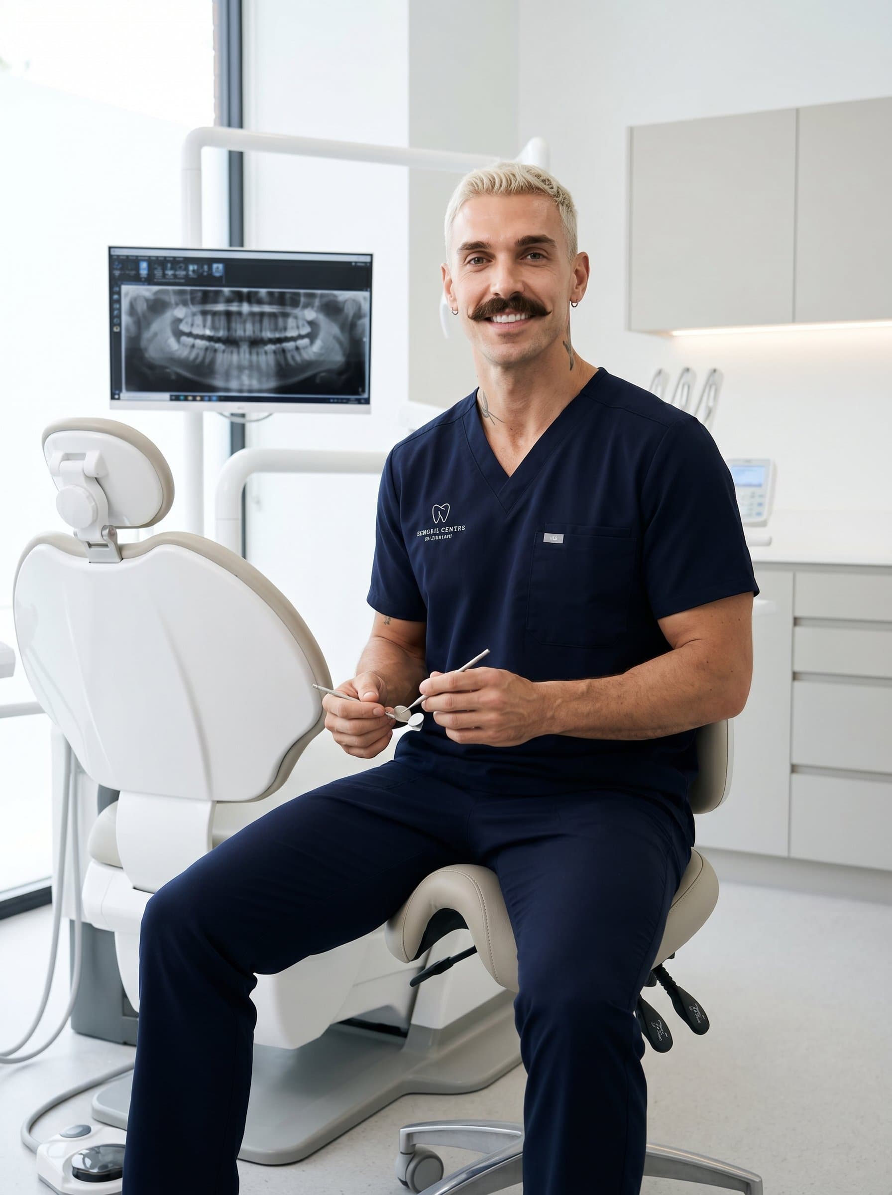 Design a of a dentist with a subtle smile, seated on a stool, in a sleek, uncluttered office environment, encapsulating a professional yet approachable demeanor.