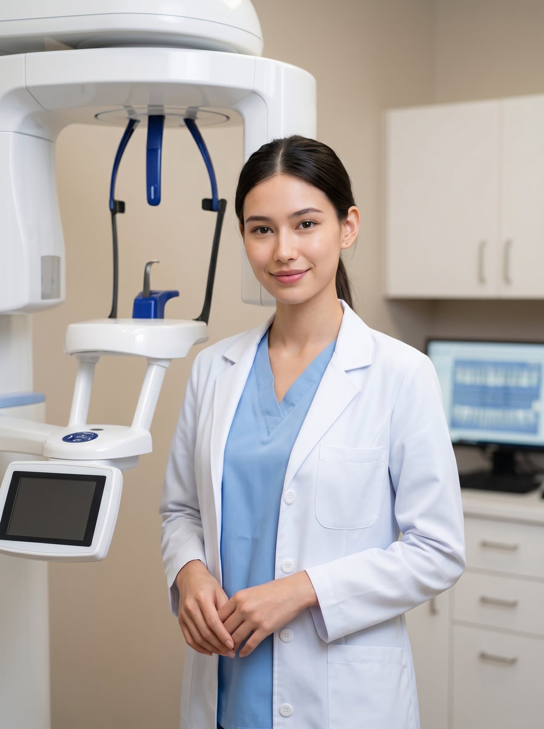 Compose a of a dentist standing near a dental x-ray machine, with a calm and inviting smile, framed by a subtle, neutral background that accentuates their professionalism.