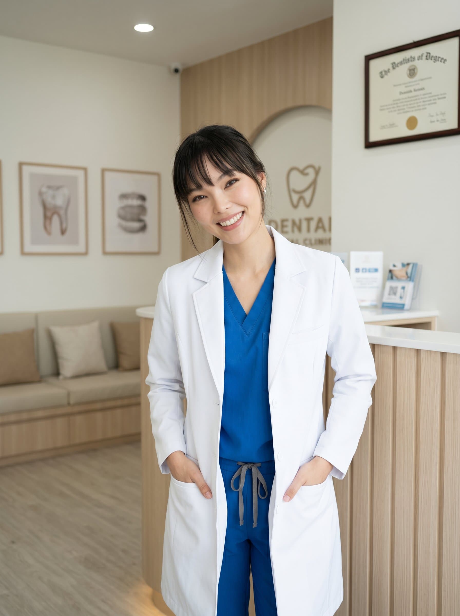Paint a featuring a dentist with hands in pockets, slightly leaning forward, flashing a confident grin, against a simple, elegant clinic backdrop, emphasizing their reliable demeanor.
