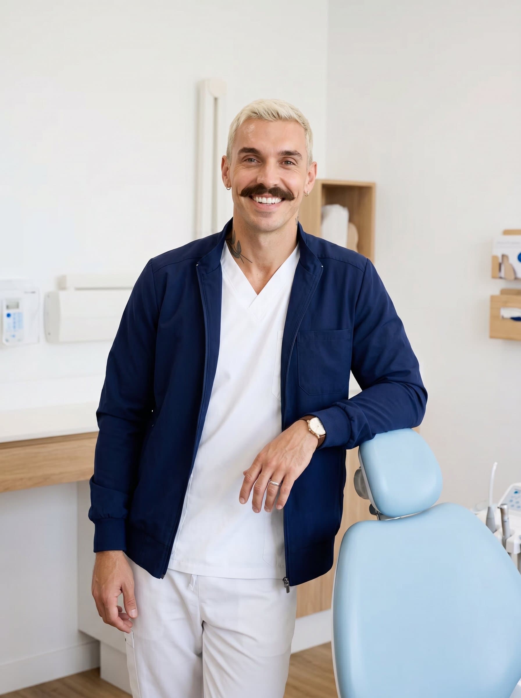 Develop a with a dentist leaning slightly on a dental chair arm, offering a sincere, friendly smile, in a minimalist office setting that echoes their competence and warmth.
