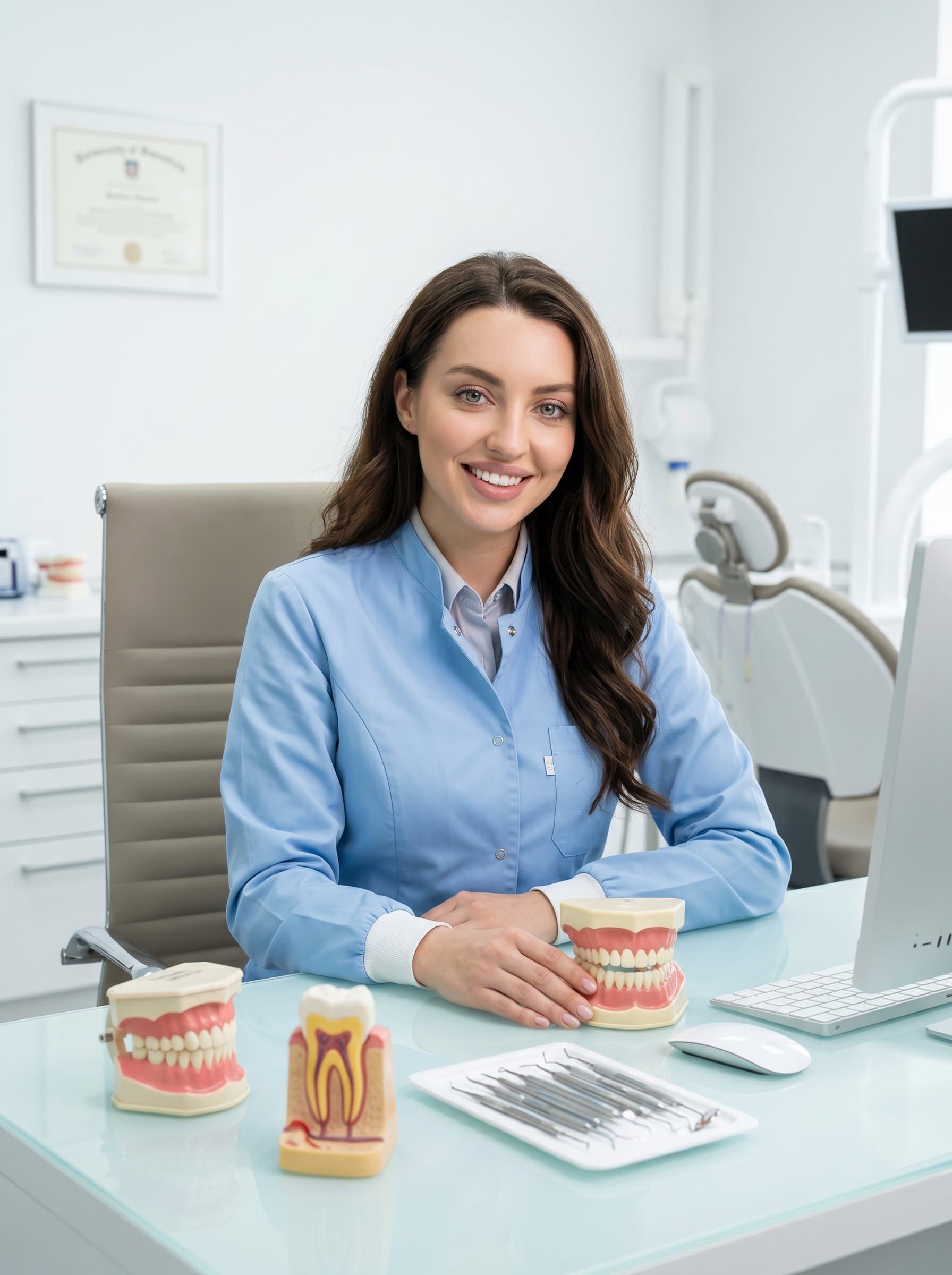 Create a showcasing a dentist seated at a desk with dental models, in a spotless office environment, portraying trustworthiness and expertise through a gentle, inviting smile.
