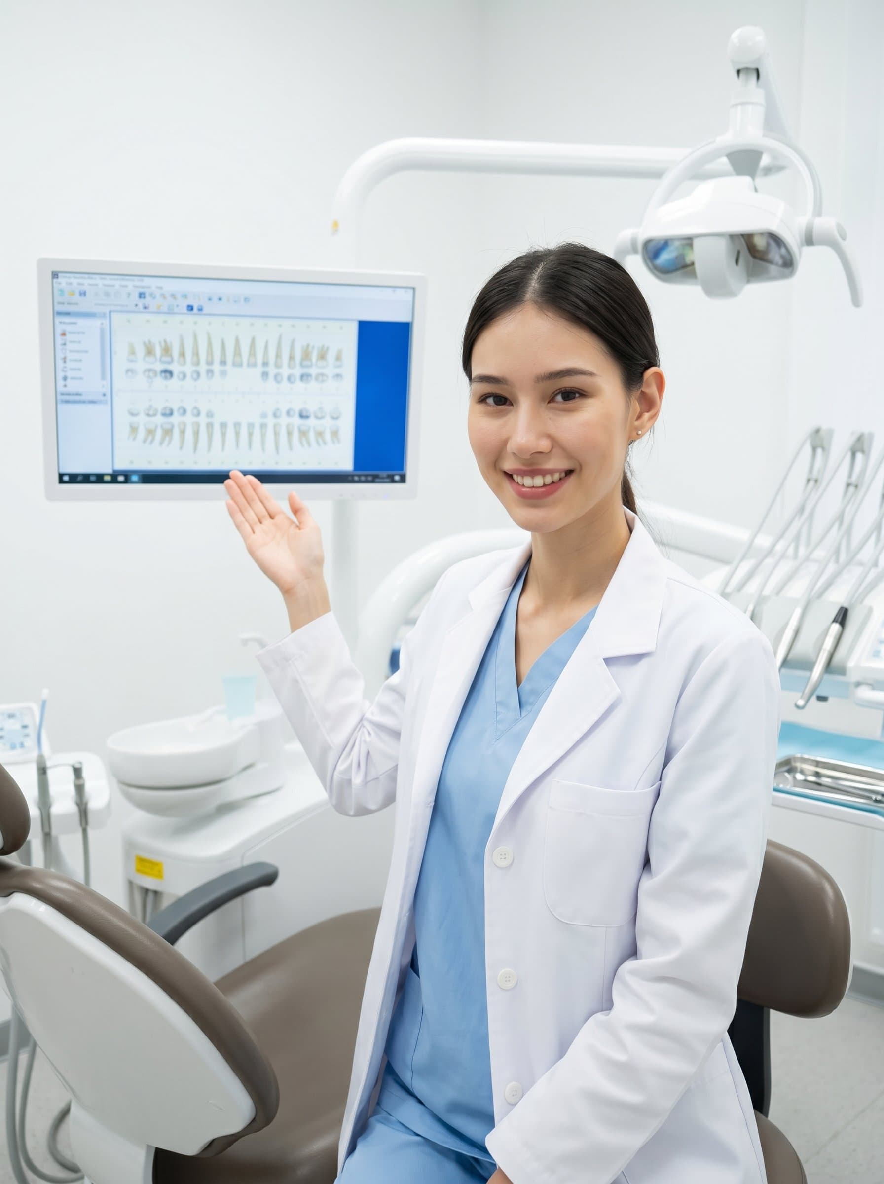 Develop a of a dentist gesturing towards a dental chart, with a welcoming smile in a clean, modern office, emphasizing their approachable nature and professional knowledge.