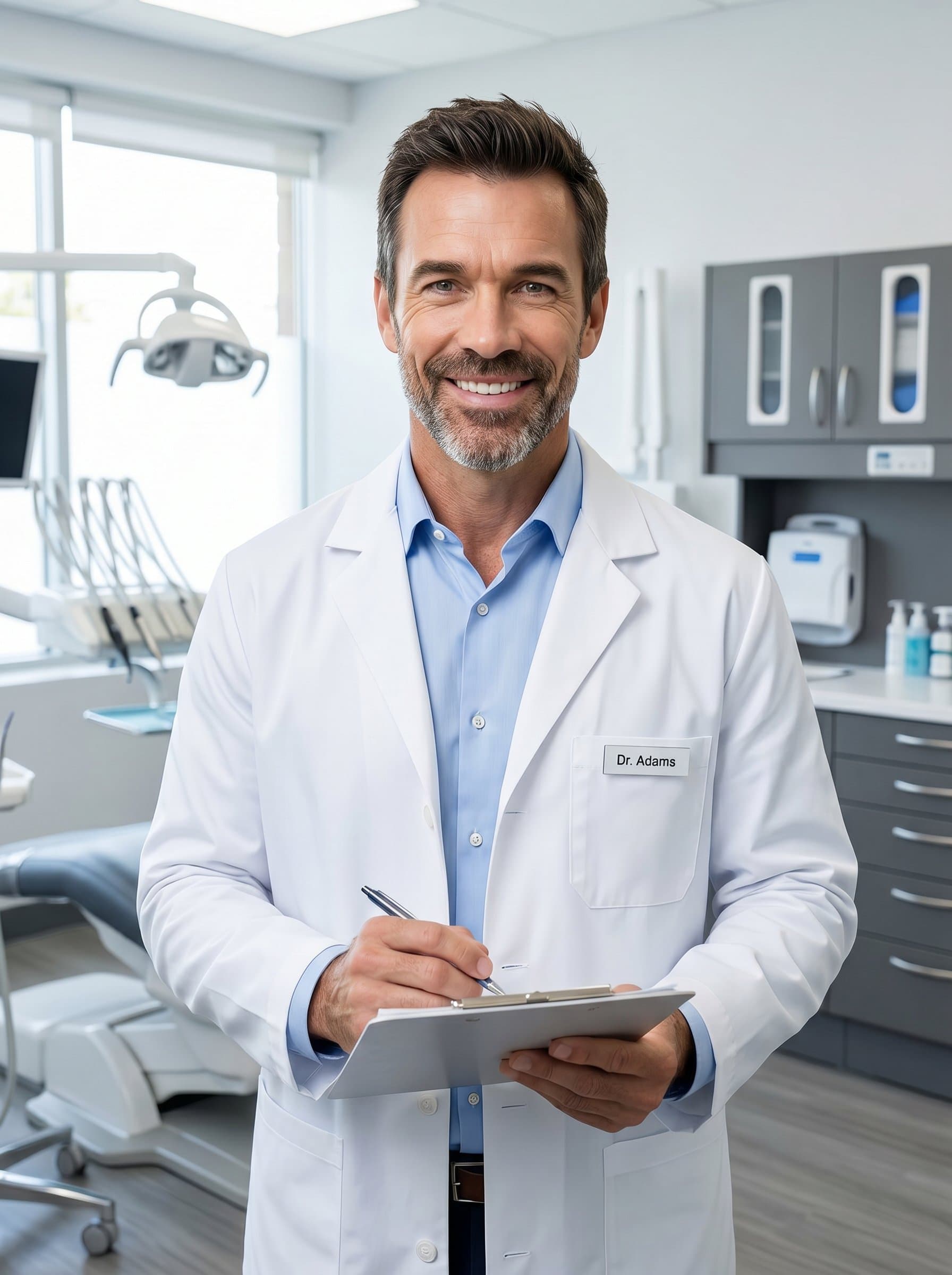 Render a with a dentist holding a clipboard, wearing a name tag, in a sleek and tidy office, showcasing a pleasant smile that radiates confidence and approachability.