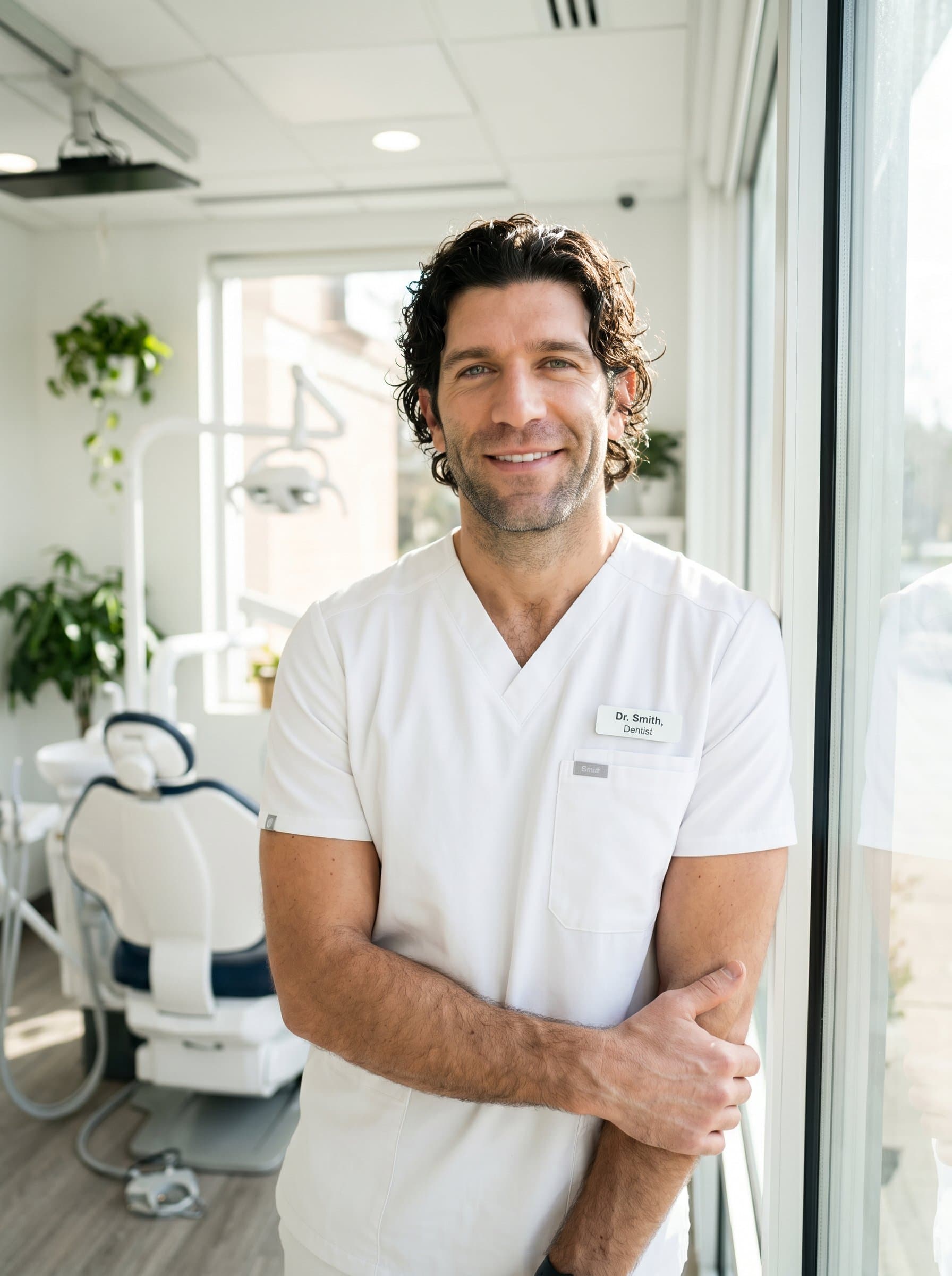 Form a of a dentist standing near a window, arms relaxed, exuding a friendly smile that conveys trust, against a backdrop of a bright, airy dental clinic.