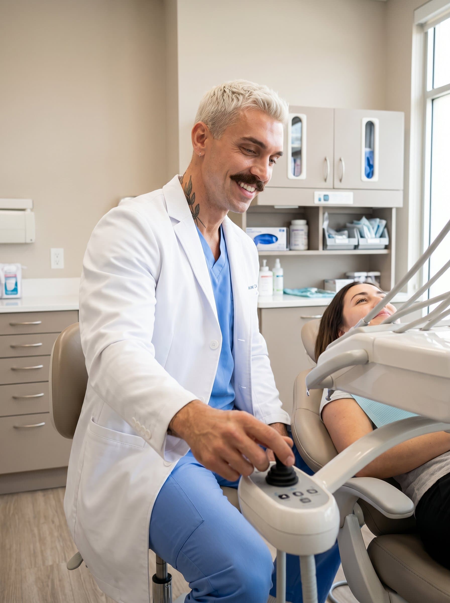 Produce a of a dentist adjusting a patient's chair controls, with a gentle smile, in a well-organized office, projecting kindness and competence through a clean, neutral setting.