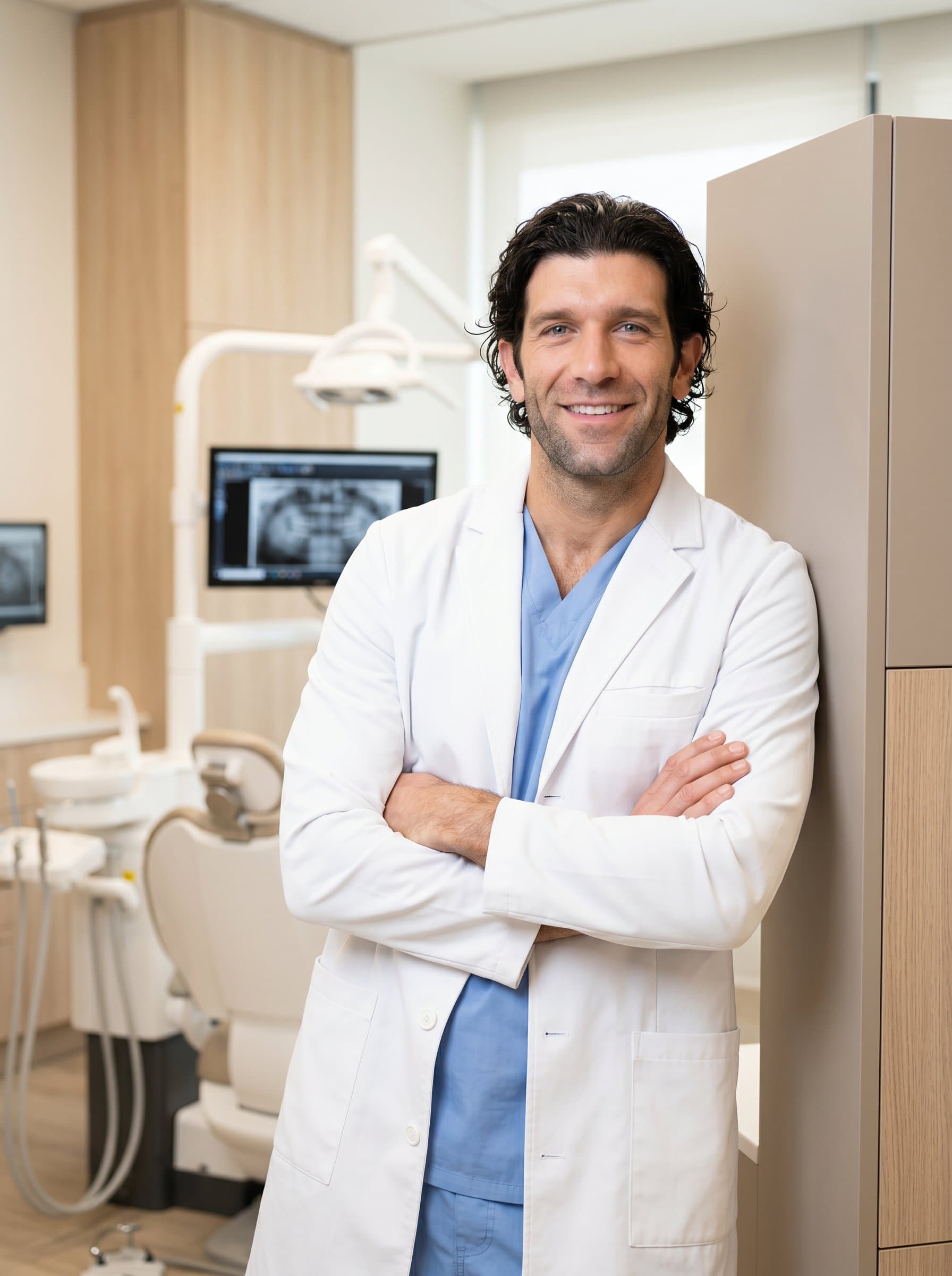 Design a of a dentist leaning against a dental cabinet, arms crossed, with an engaging smile, in a modern, neutral-toned dental practice, reflecting assurance and professionalism.