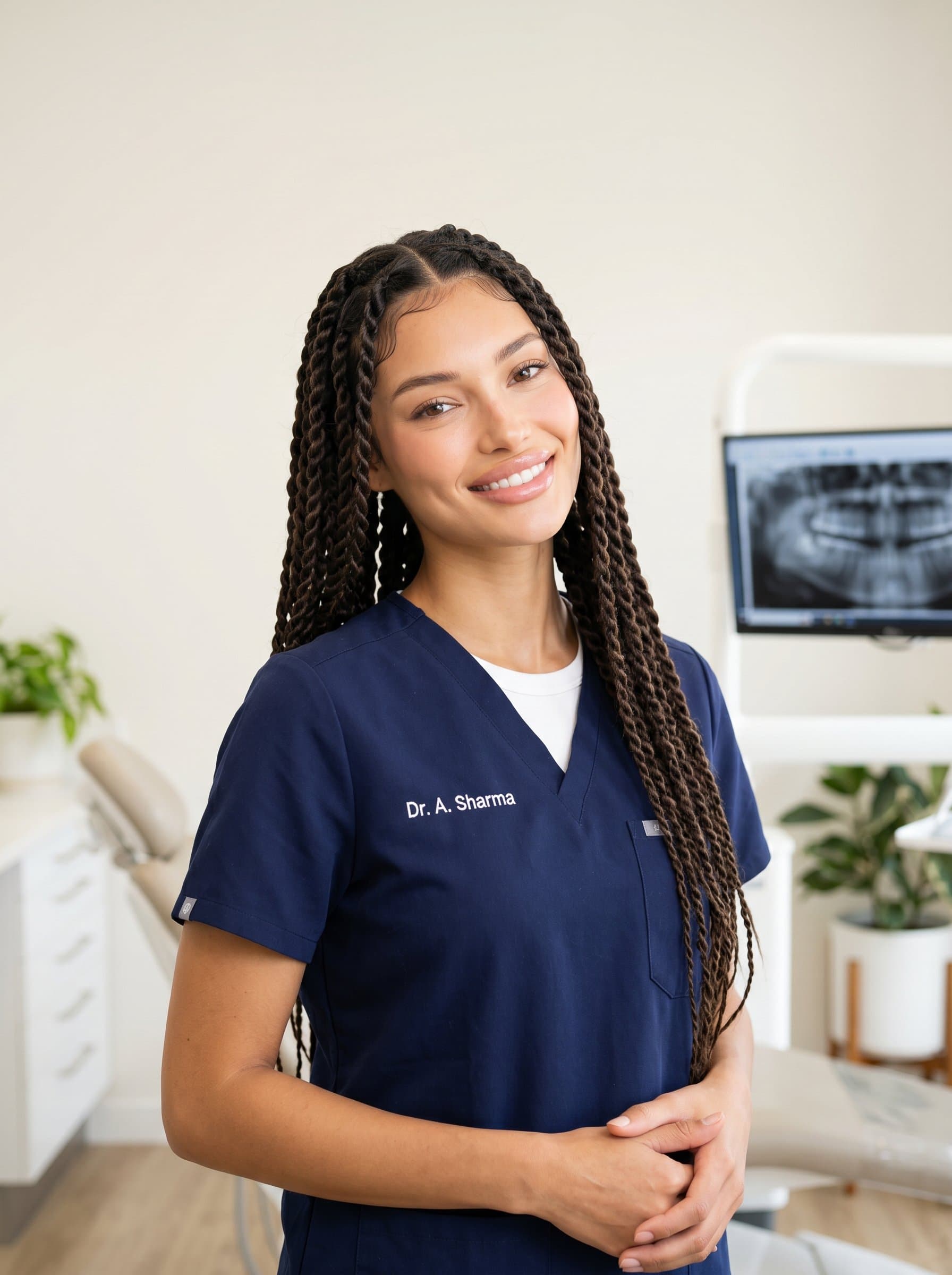 Illustrate a of a dentist with a slight head tilt, hands clasped, in front of a neutral wall, exuding warmth and confidence within a modern dental practice.
