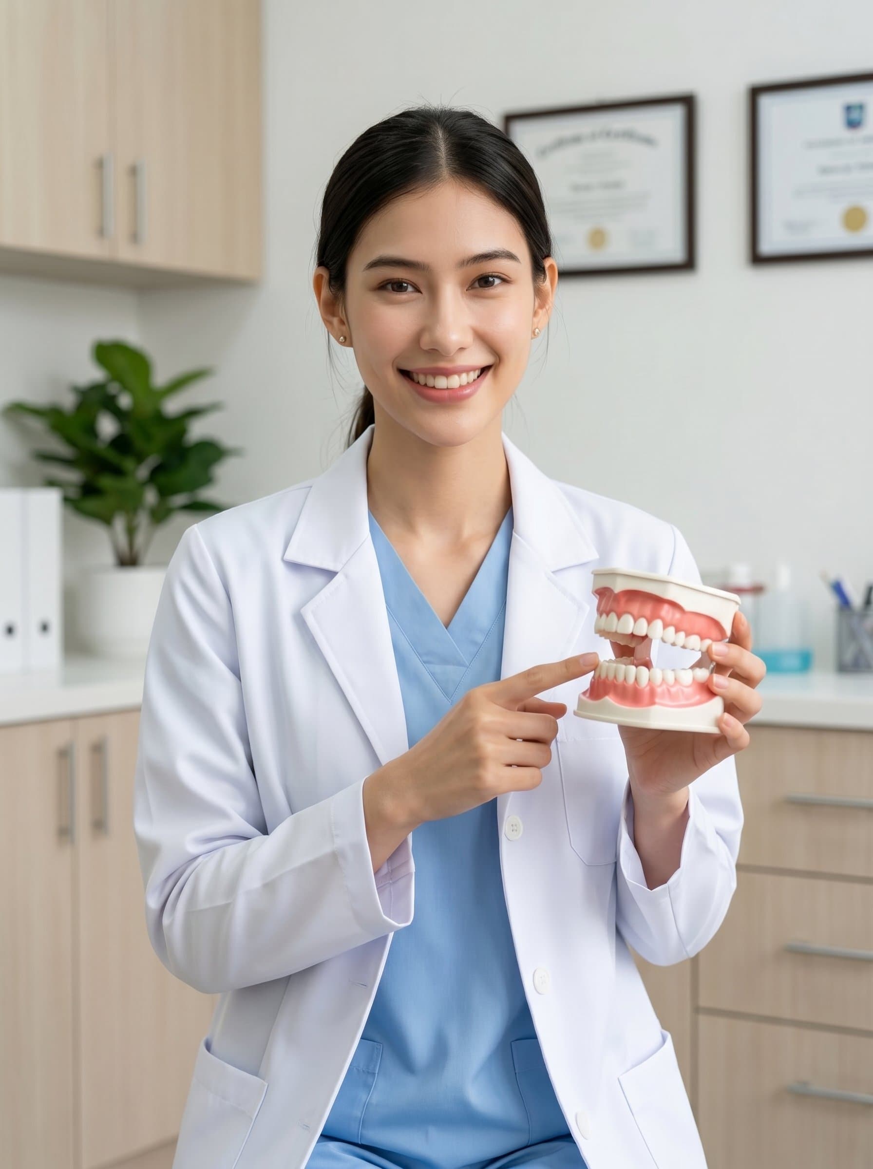 Generate a featuring a dentist discussing a dental model, with an informative smile, set against a simple and organized office backdrop, demonstrating professionalism and approachability.