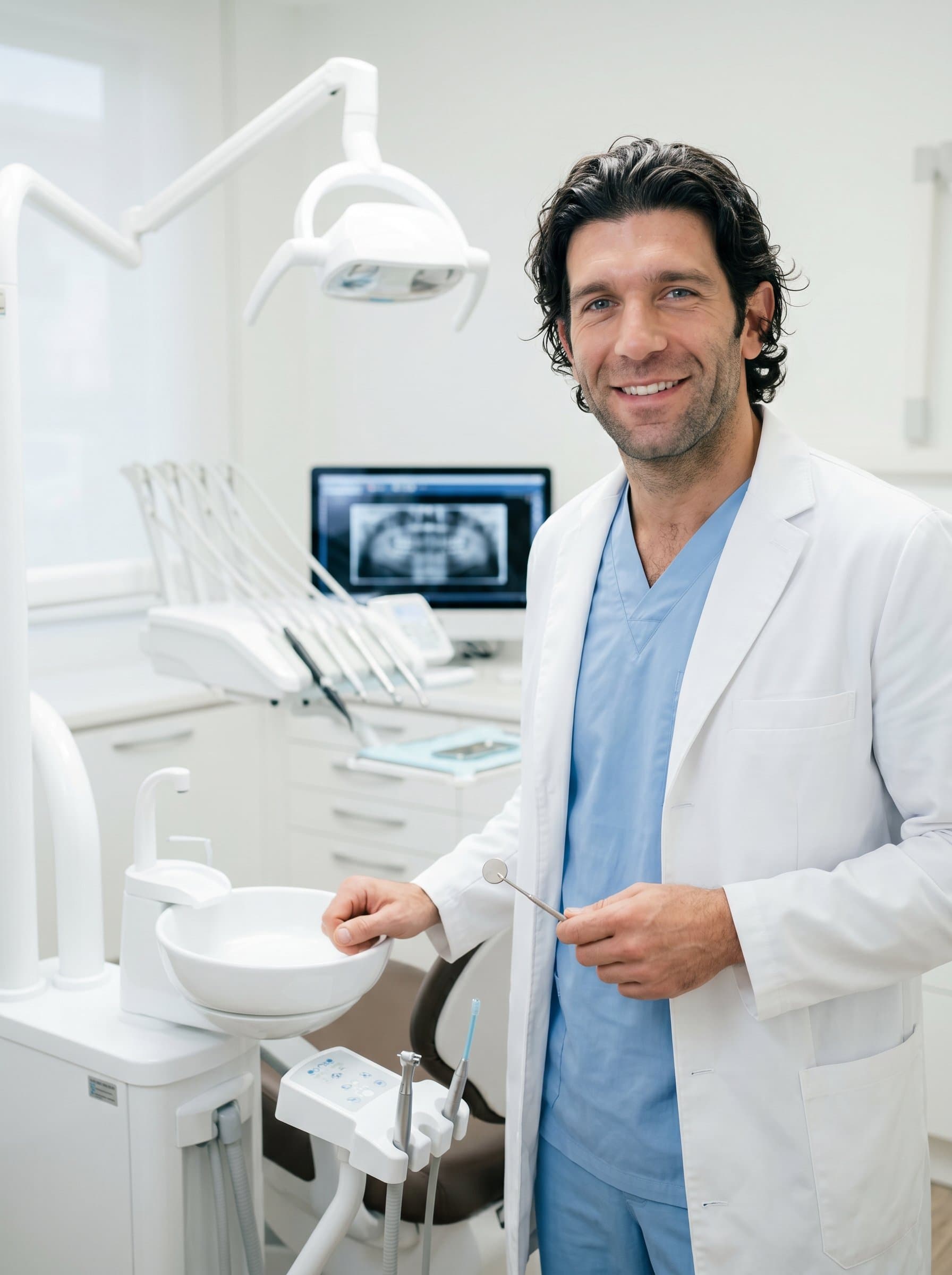 Capture a of a dentist standing next to a dental sink, displaying a gentle, inviting smile, in a pristine office setting that highlights their expertise and friendliness.