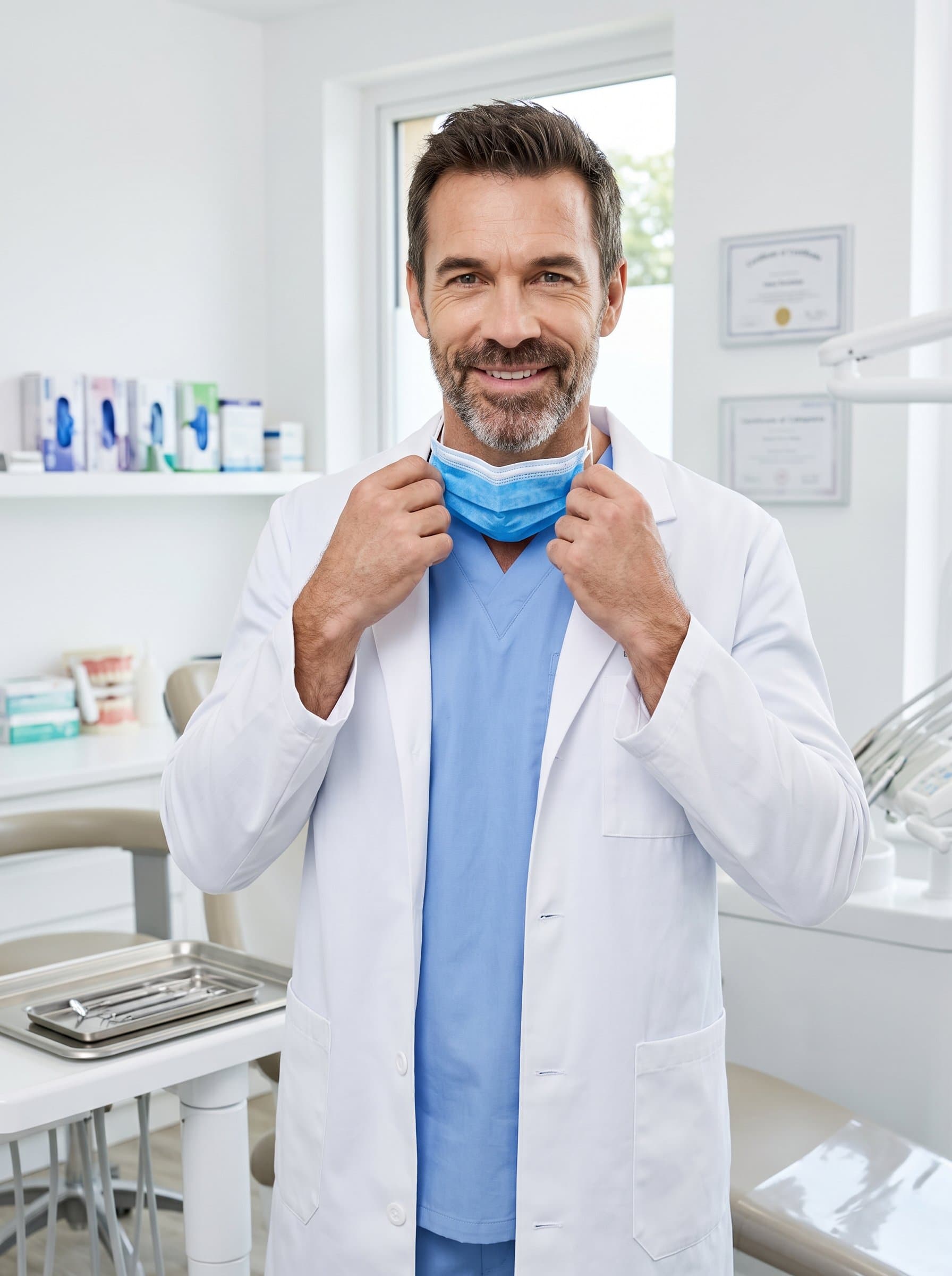 Produce a depicting a dentist placing a dental mask around their neck, with a reassuring smile, in a tidy office that suggests readiness and professionalism.