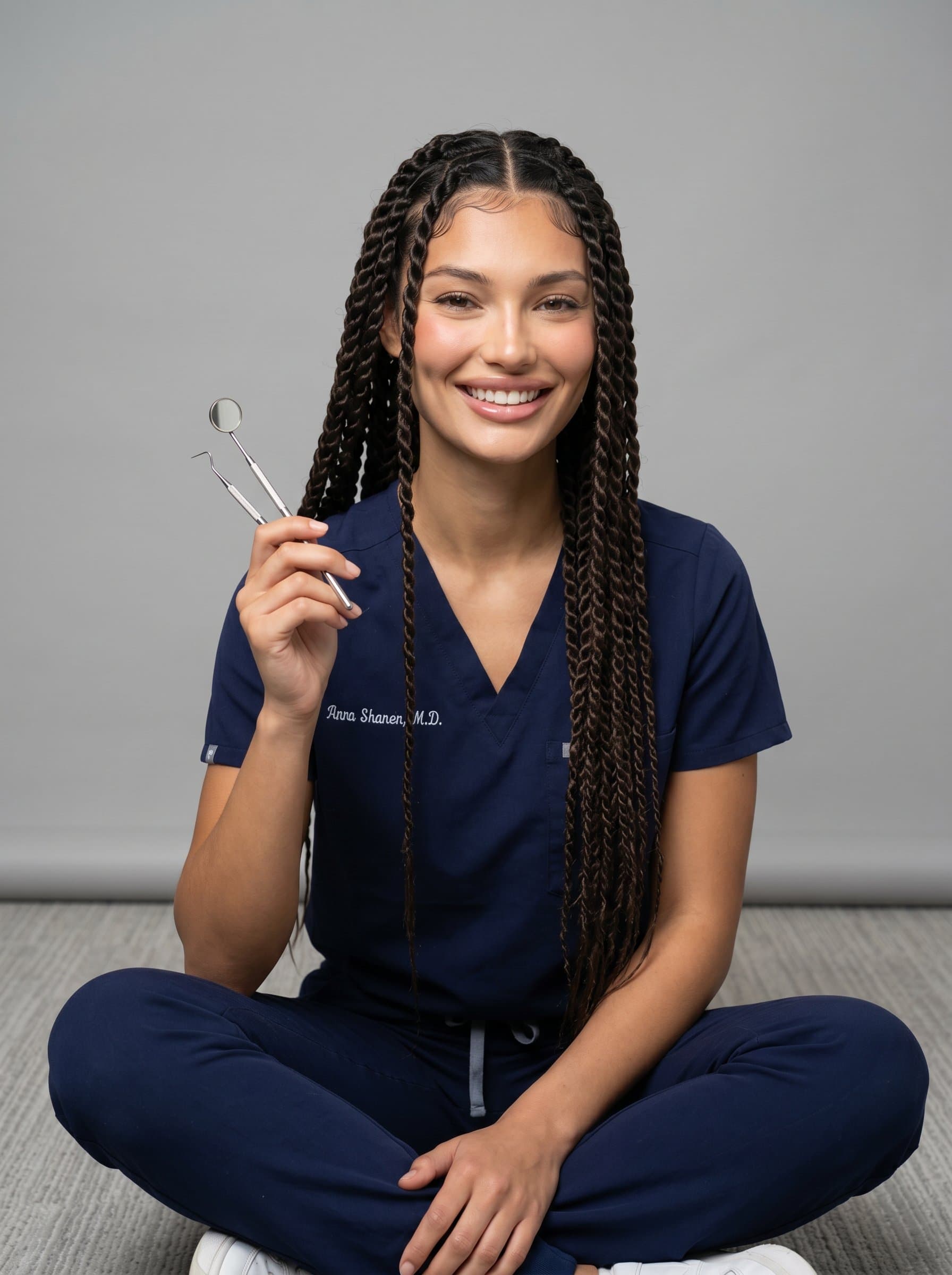 Render a of a dentist seated cross-legged, holding a dental tool with a confident yet approachable smile, in front of a seamless, neutral office backdrop.
