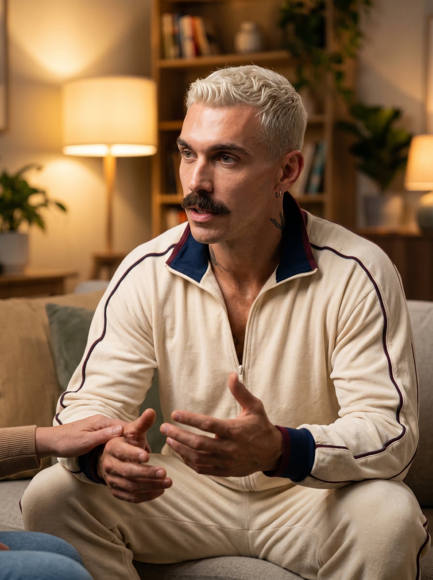A candid shot of a in mid-conversation, expressive hands and eyes conveying deep understanding. The serene backdrop of a softly-lit room complements their caring demeanor.