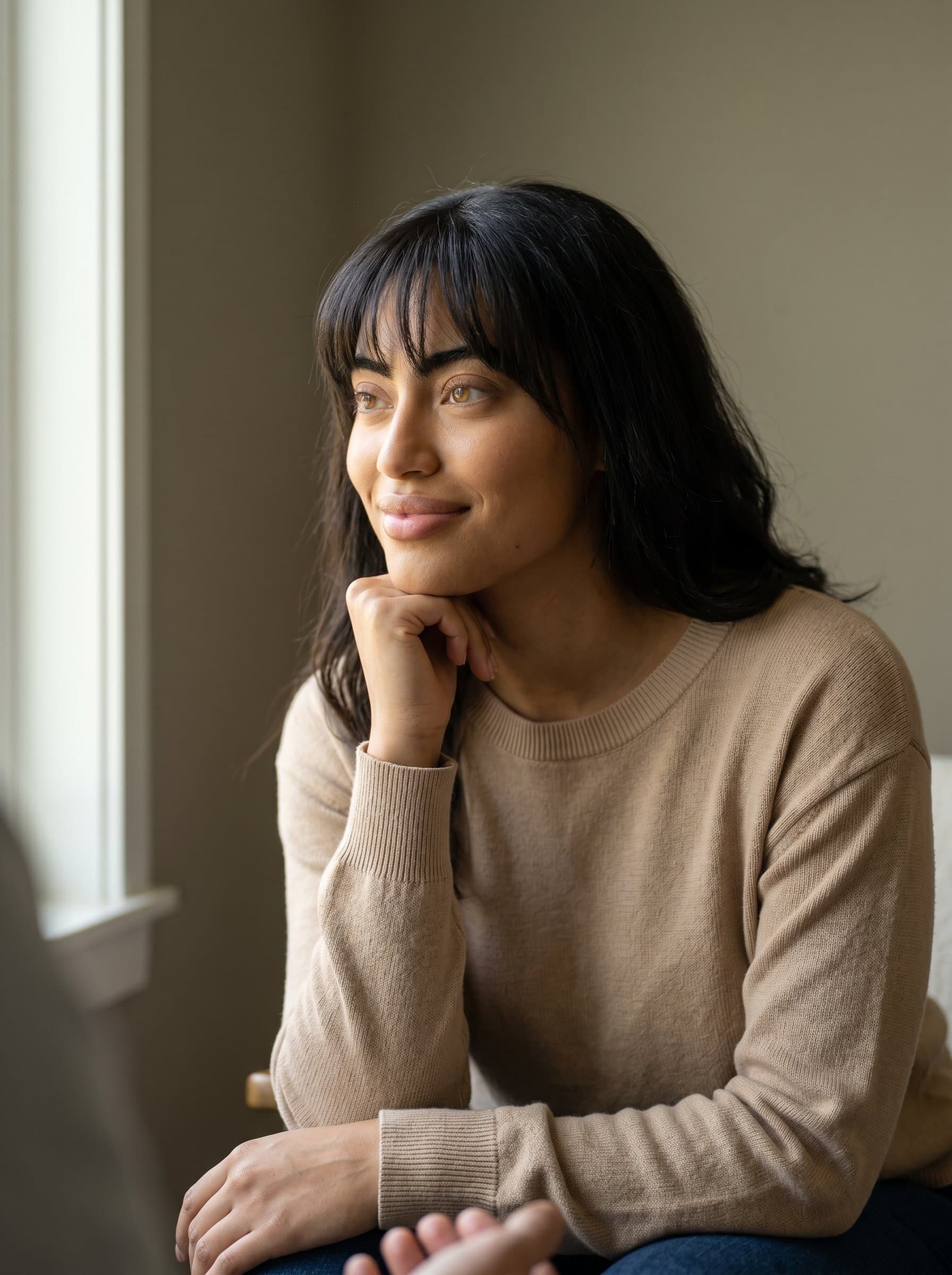 Capture a leaning slightly forward, attentively listening. Natural light casts a serene glow on their face, accentuating a soft smile and empathetic posture against a muted, calming wall.