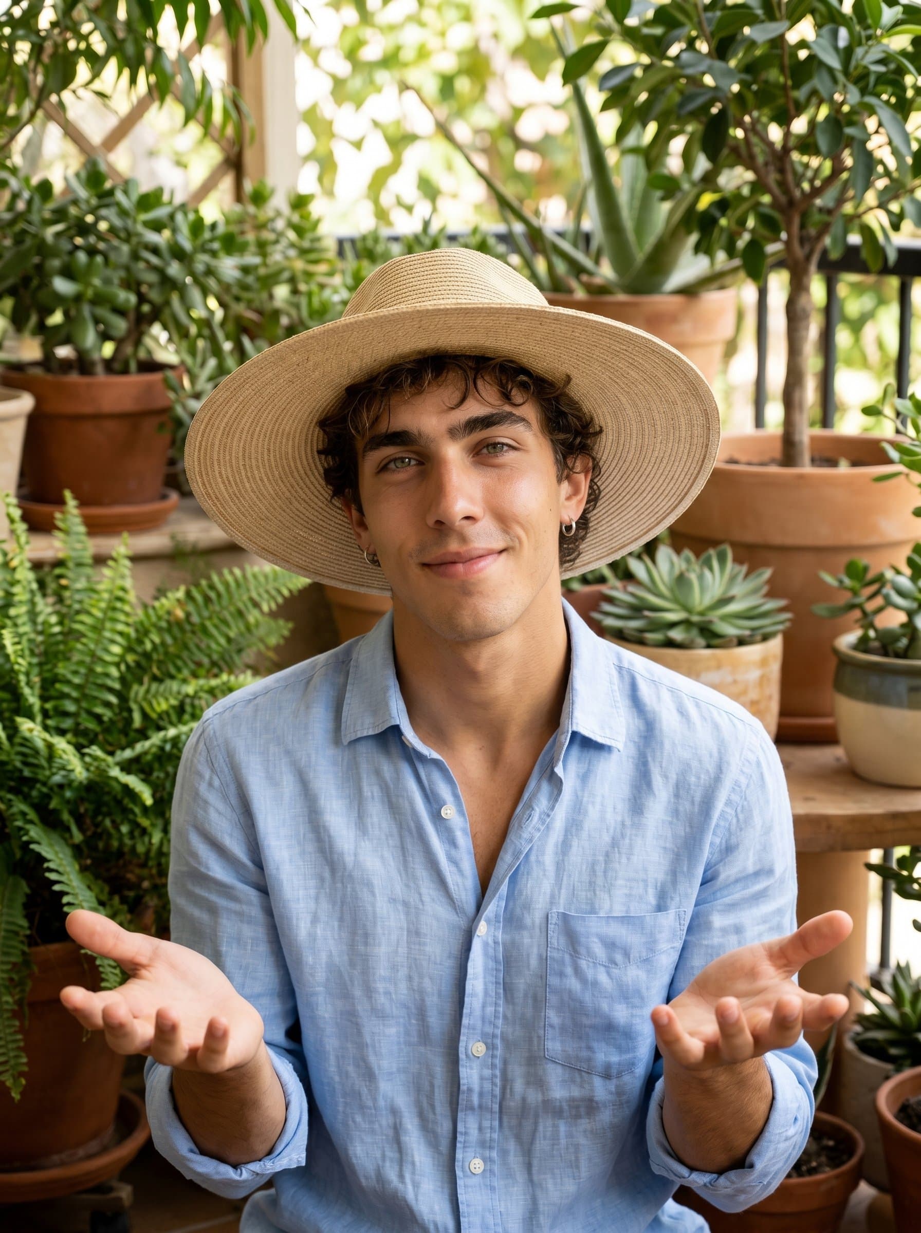 A gently gestures with open hands, framed by a background of potted plants. The ambient light enhances their understanding expression, fostering an atmosphere of reassurance and openness.