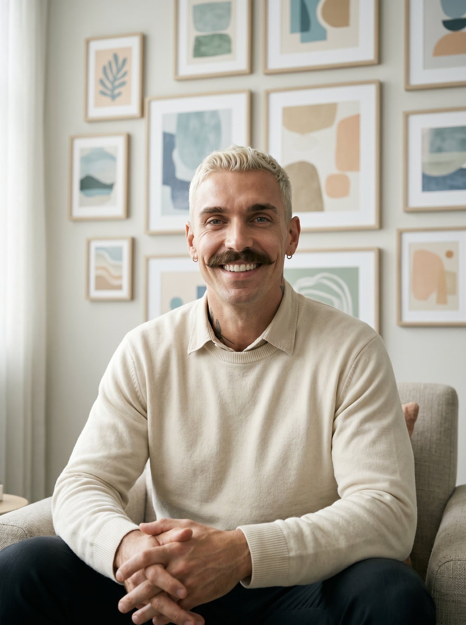 Photograph a framed by abstract art pieces in soft colors. Their relaxed posture and genuine smile convey a therapeutic presence, illuminated by soft, diffused light.