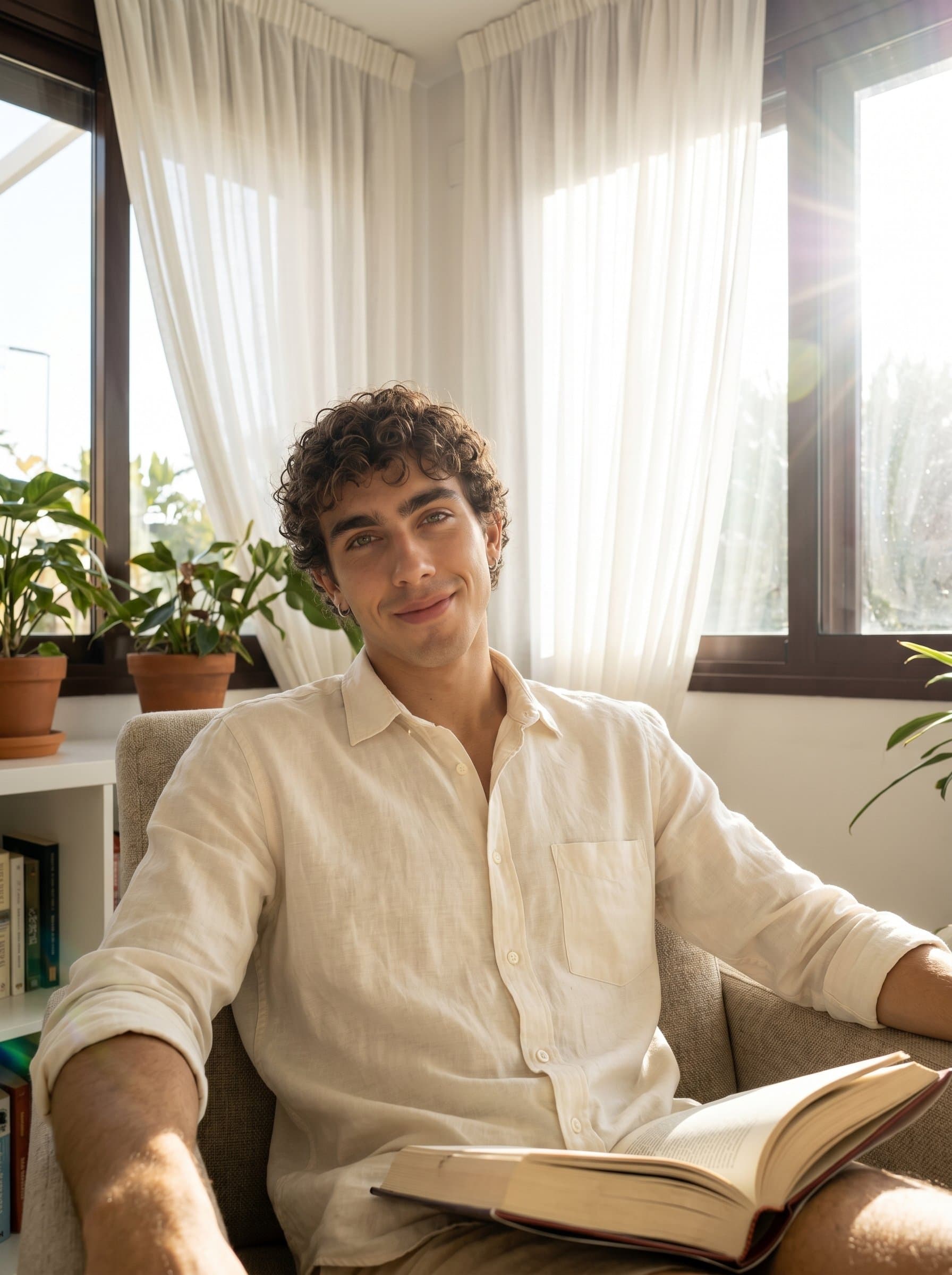 Capture seated in a sunlit corner, book in lap, framed by sheer curtains. Their gentle smile and relaxed demeanor provide an inviting atmosphere of wisdom and kindness.