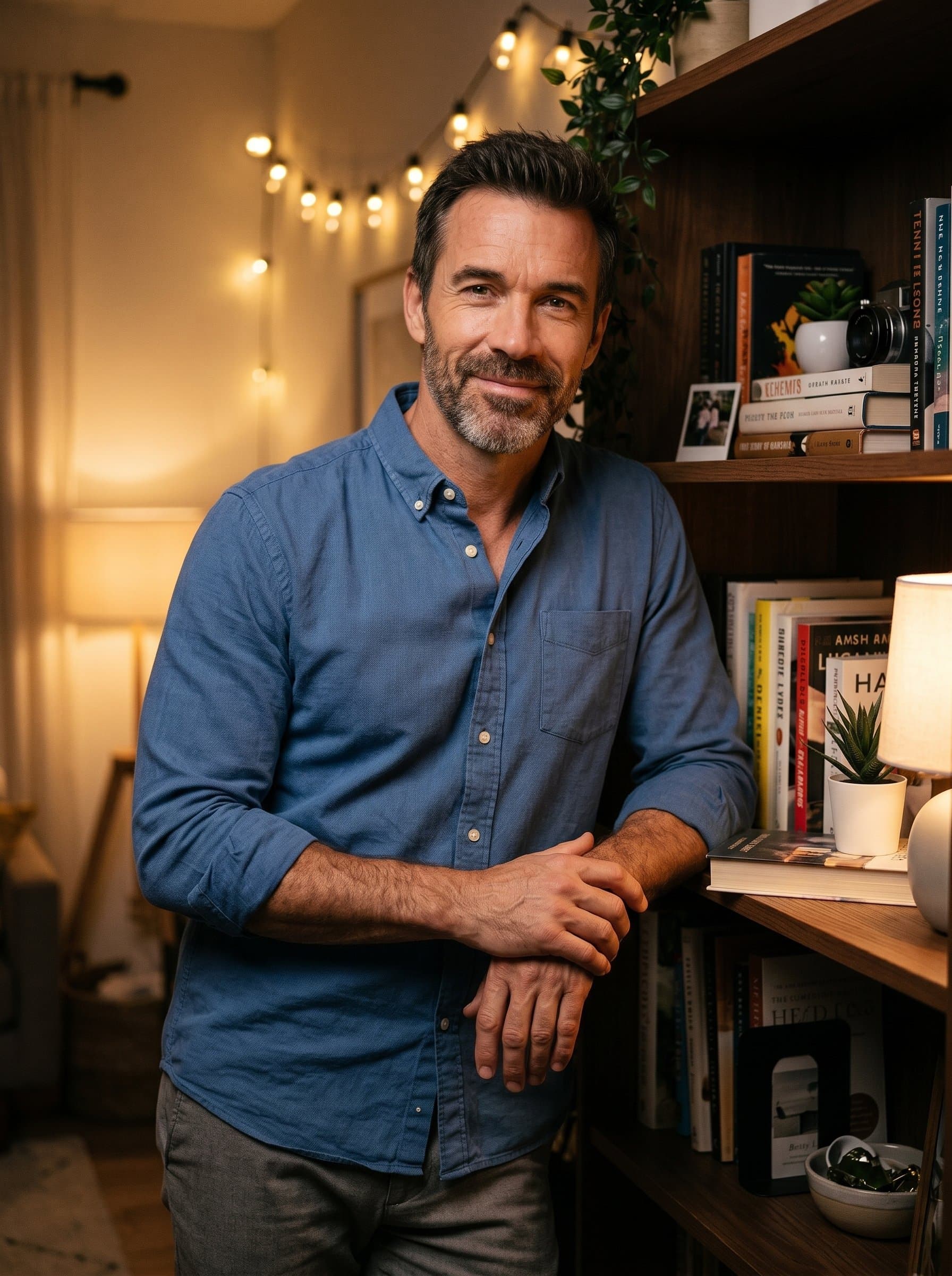 Capture standing beside a softly lit shelf, gentle smile under soft ambient lights. Their relaxed posture and warm surroundings encourage trust and openness.