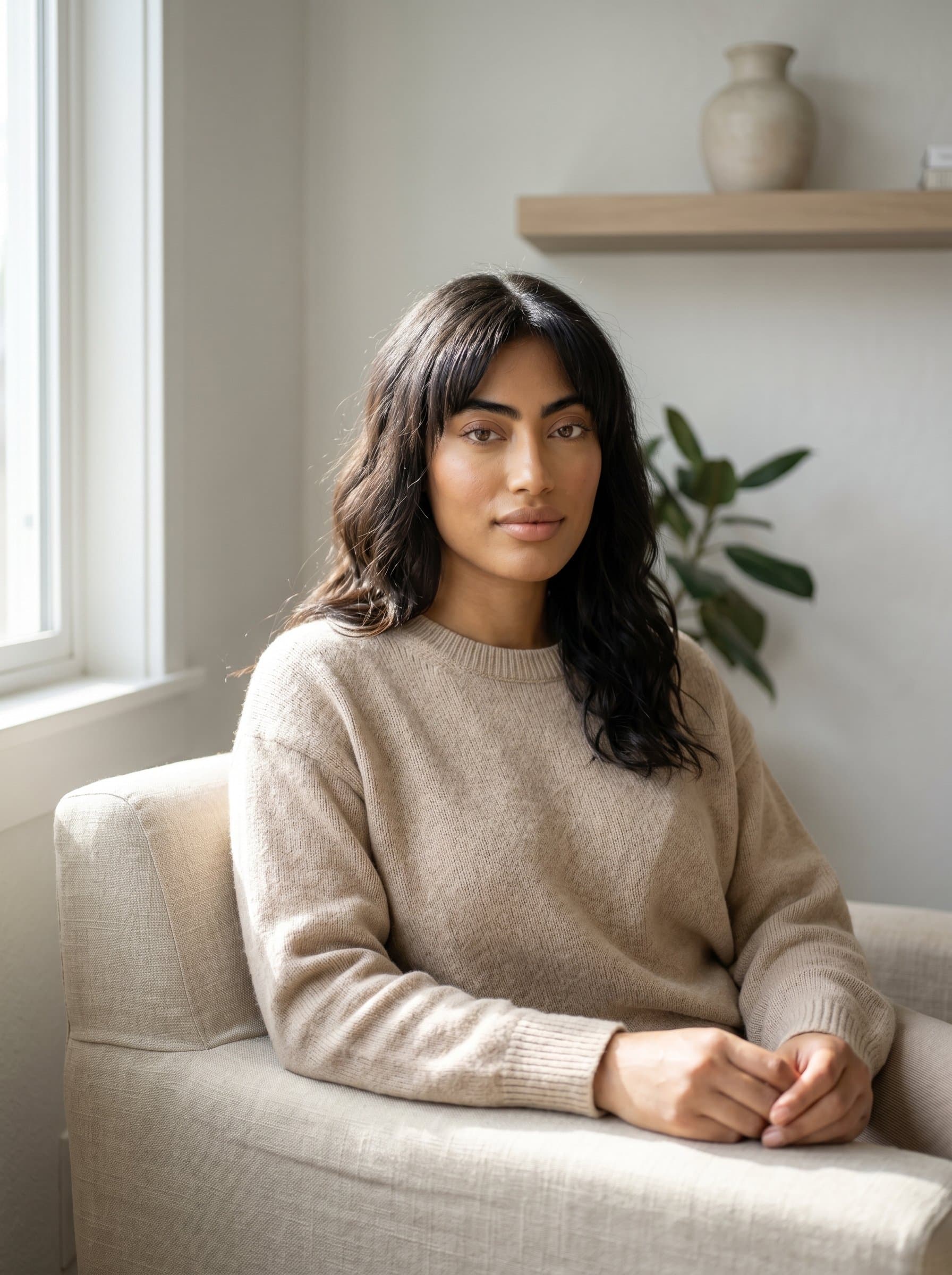 A amidst neutral tones and simple decor, conveying serenity with a thoughtful expression. Soft window light highlights their empathetic gaze in this tranquil setting.