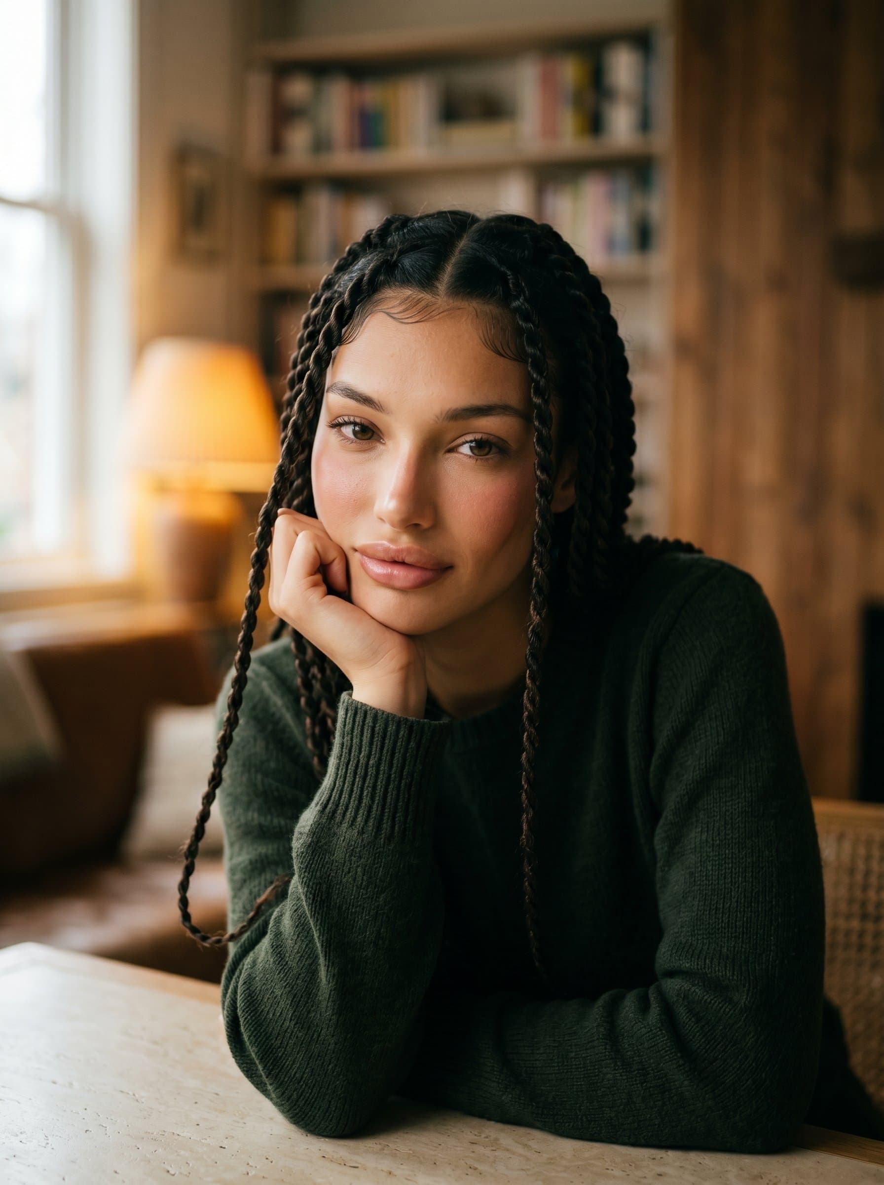 A portrait of amidst a softly lit room, gentle shadows enhancing their compassionate eyes. They lean slightly forward, embodying engagement and understanding.