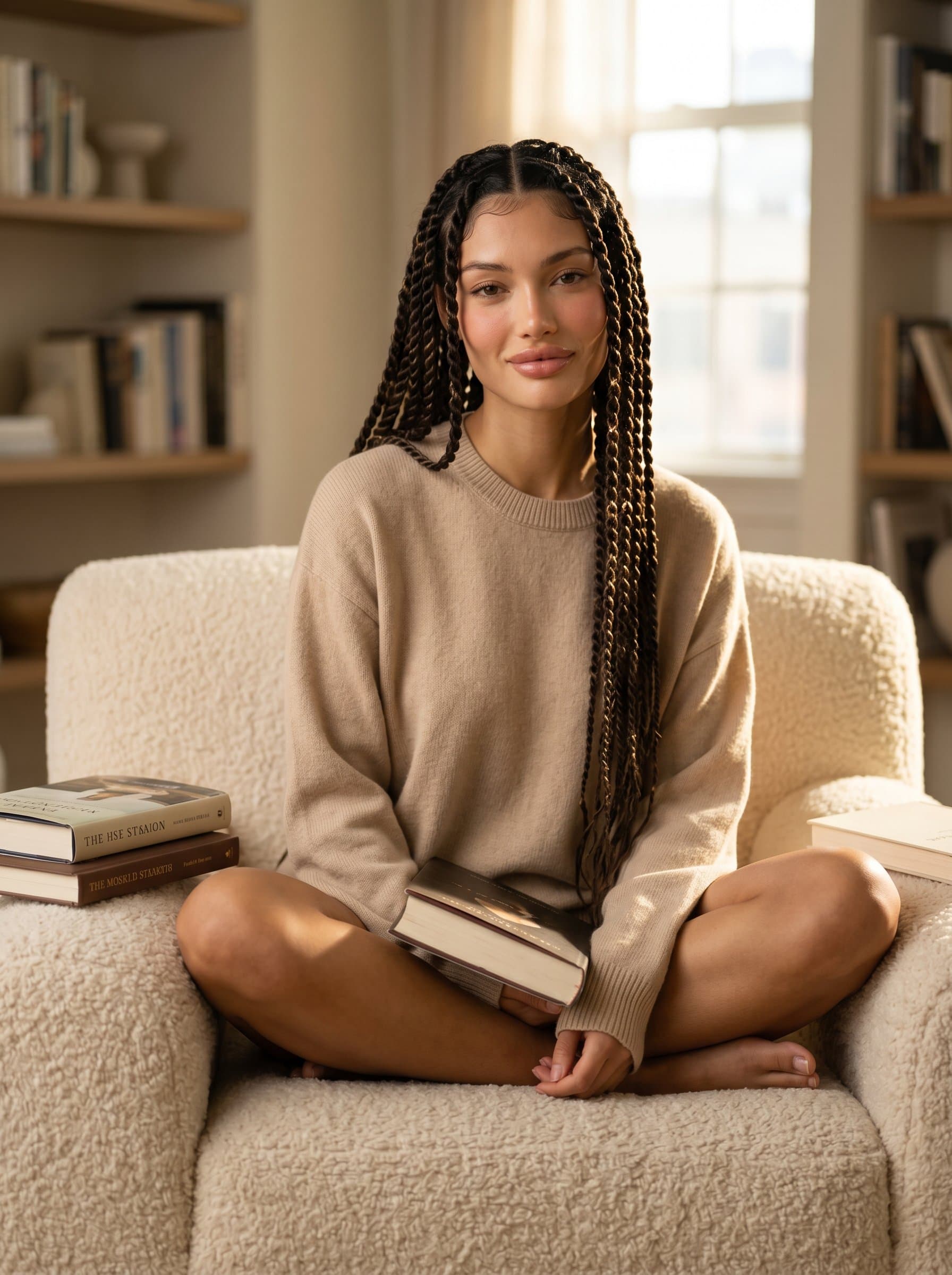 sits cross-legged on a cushioned chair, framed by a few well-placed books. Warm lighting highlights their calming smile and the peaceful, orderly environment.