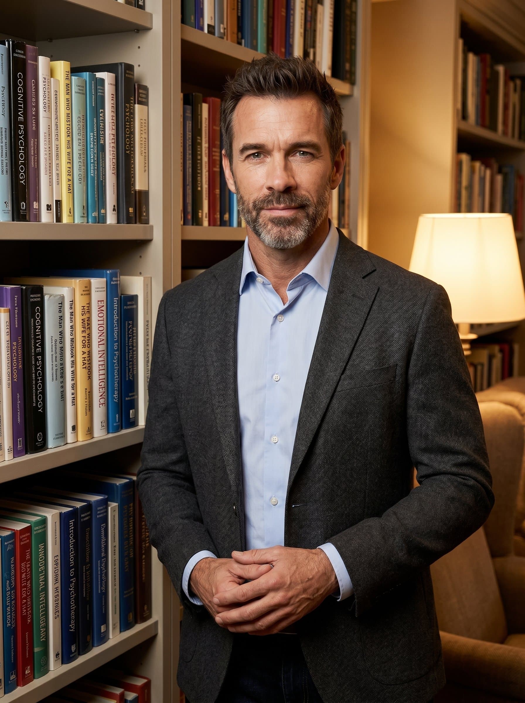 stands beside a bookshelf filled with psychology books, hands gently clasped. The soft glow of a table lamp adds depth to their compassionate gaze and professional attire, projecting trust.