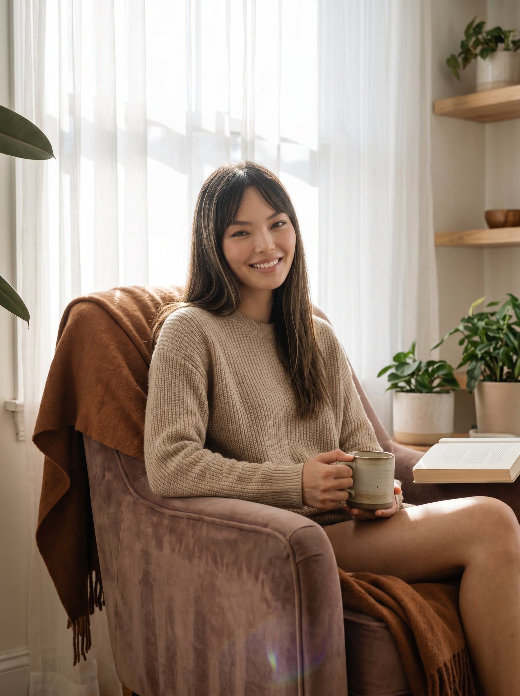 A seated in a plush armchair with a soft, earth-toned throw. Sunlight filters through sheer curtains, highlighting gentle eyes and an inviting smile, exuding warmth and calmness.
