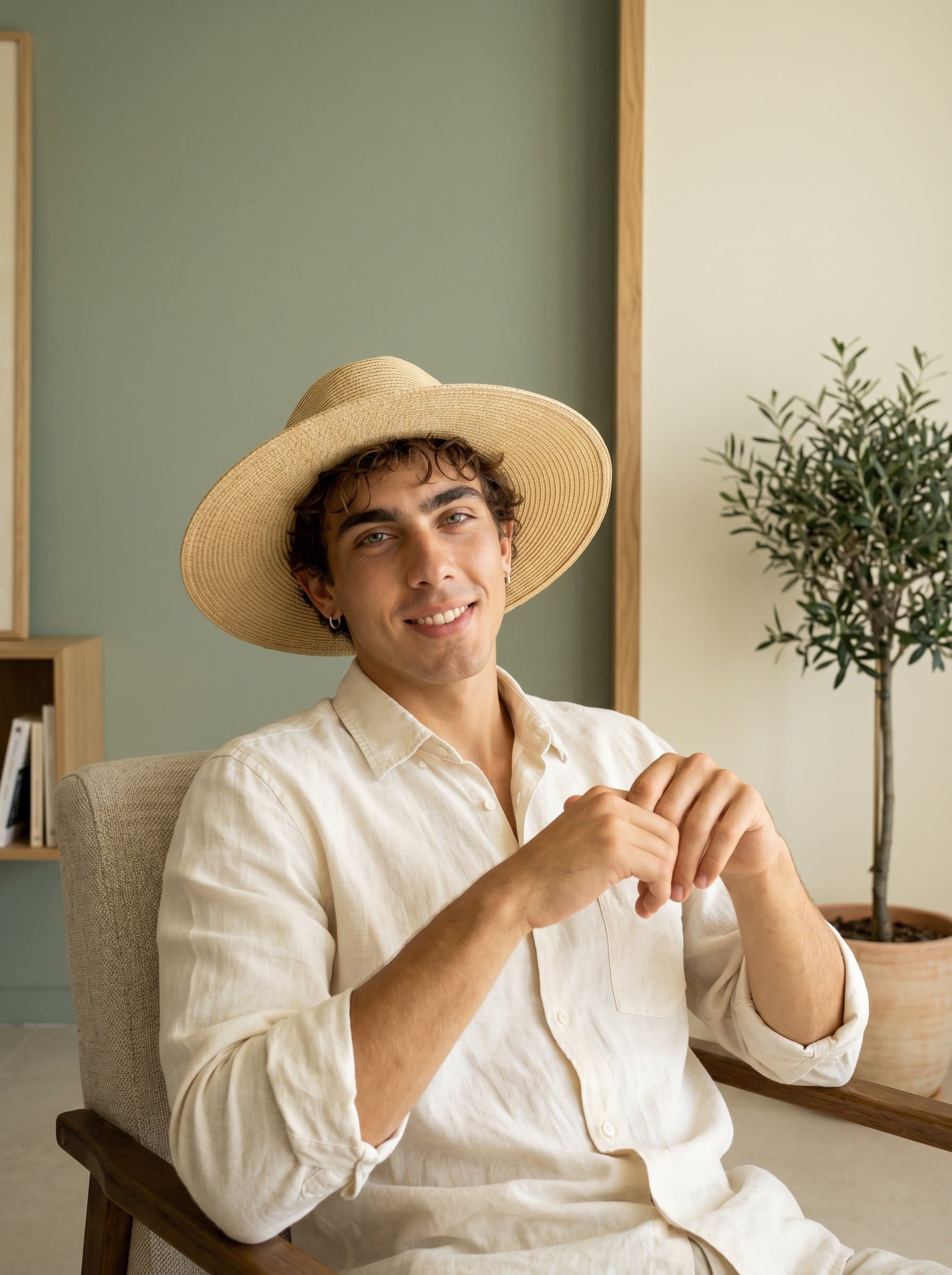 with a reflective smile, sits in a chair against a calming palette. The subtlety of light and minimal decor emphasizes their approachable and empathetic nature.