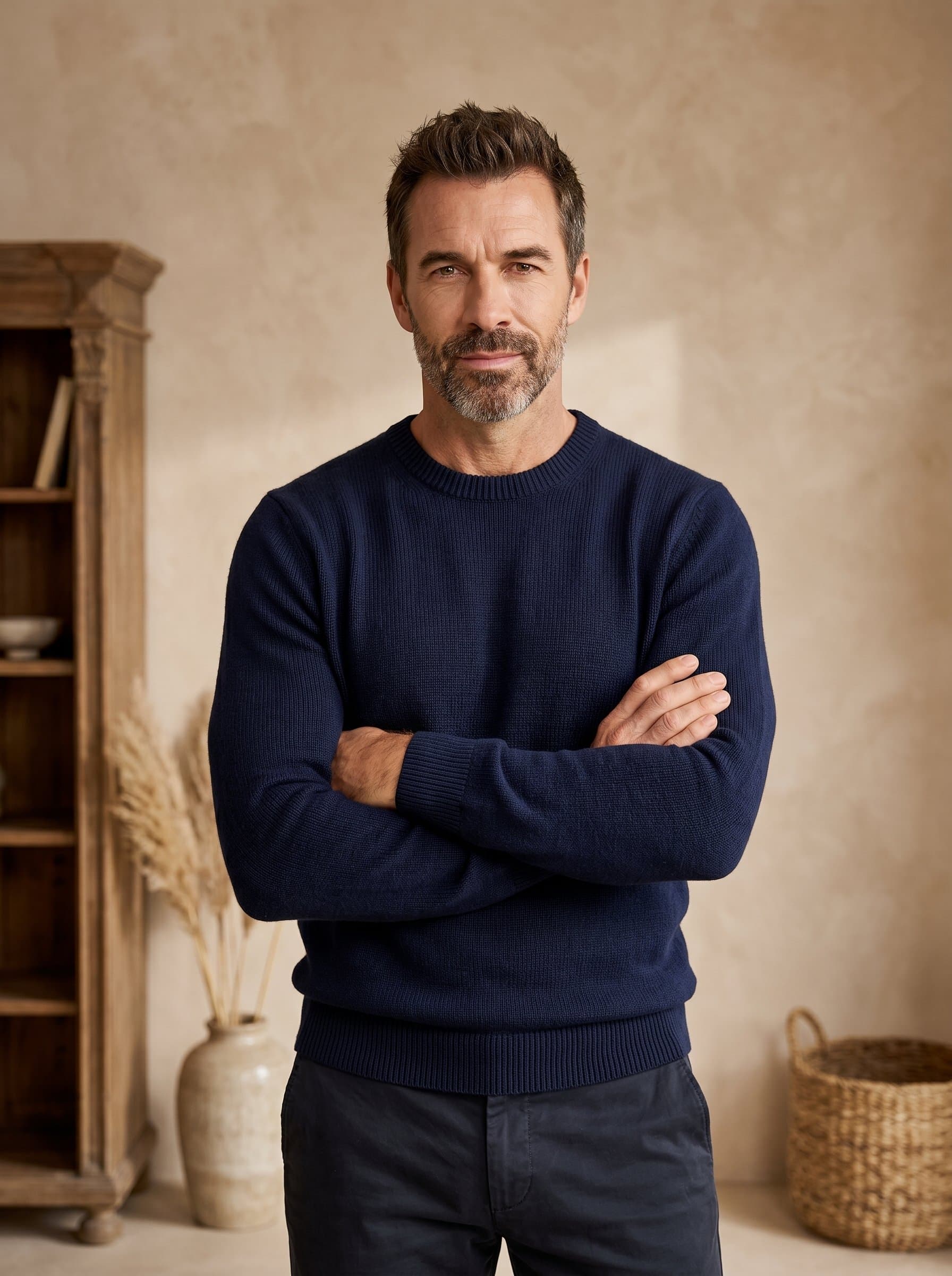 Capture with arms gently crossed, standing against a soft-textured wall. Their poised expression and gentle eyes, accompanied by neutral decor, convey wisdom and reliability.