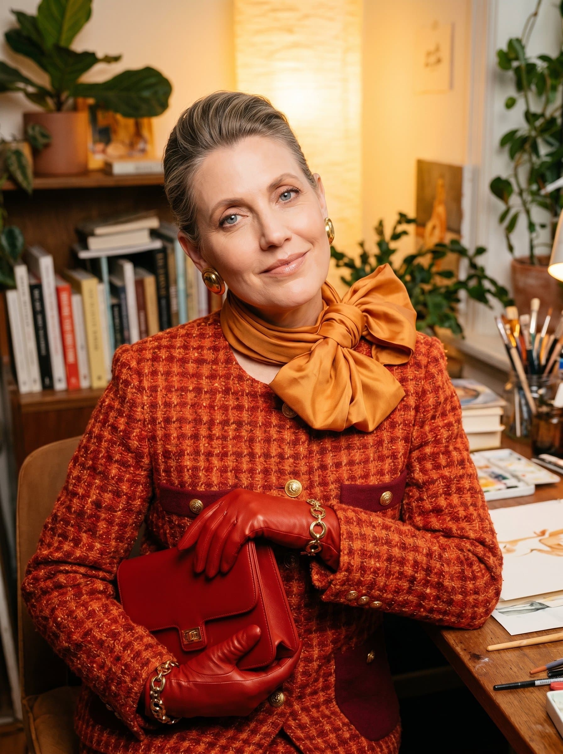 A with a slight tilt of the head, framed by a cozy, artfully cluttered workspace. Their open expression and inviting lighting evoke a sense of safety and approachability.