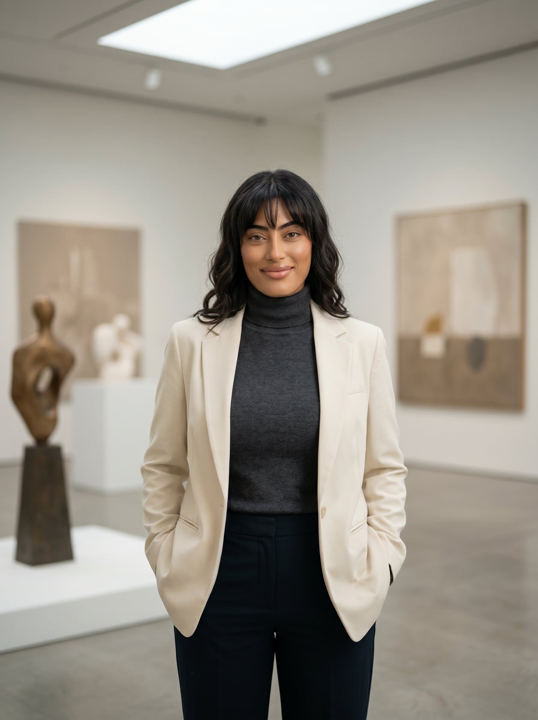 A stands with hands gently in pockets, approachable eyes softly highlighted by ambient light. The simple, elegant background supports their confident yet comforting pose.