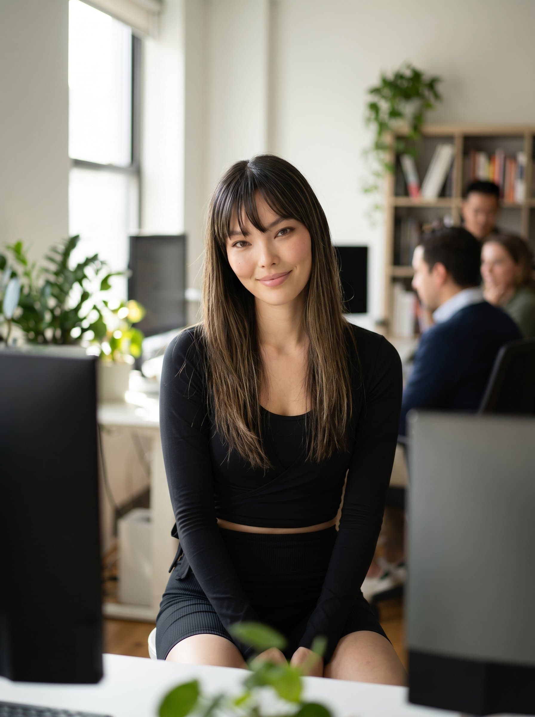 A surrounded by softly blurred office elements, gentle lighting caressing their contemplative face. Their open gaze and relaxed posture convey a supportive and inviting atmosphere.