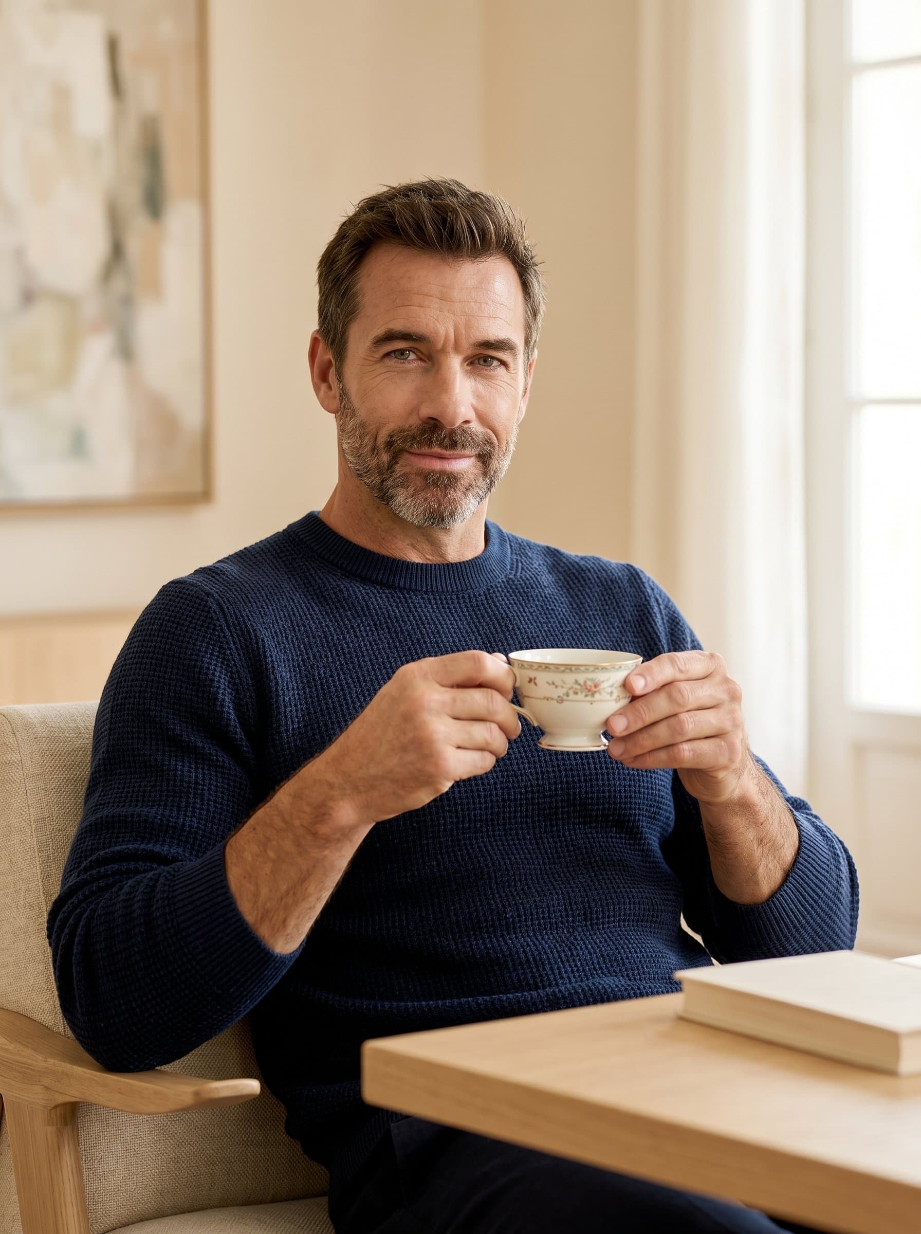 is seated with a teacup in hand, a subtle smile playing on their lips. The background of soft, warm hues and minimalistic decor reinforces a sense of calm and attentiveness.