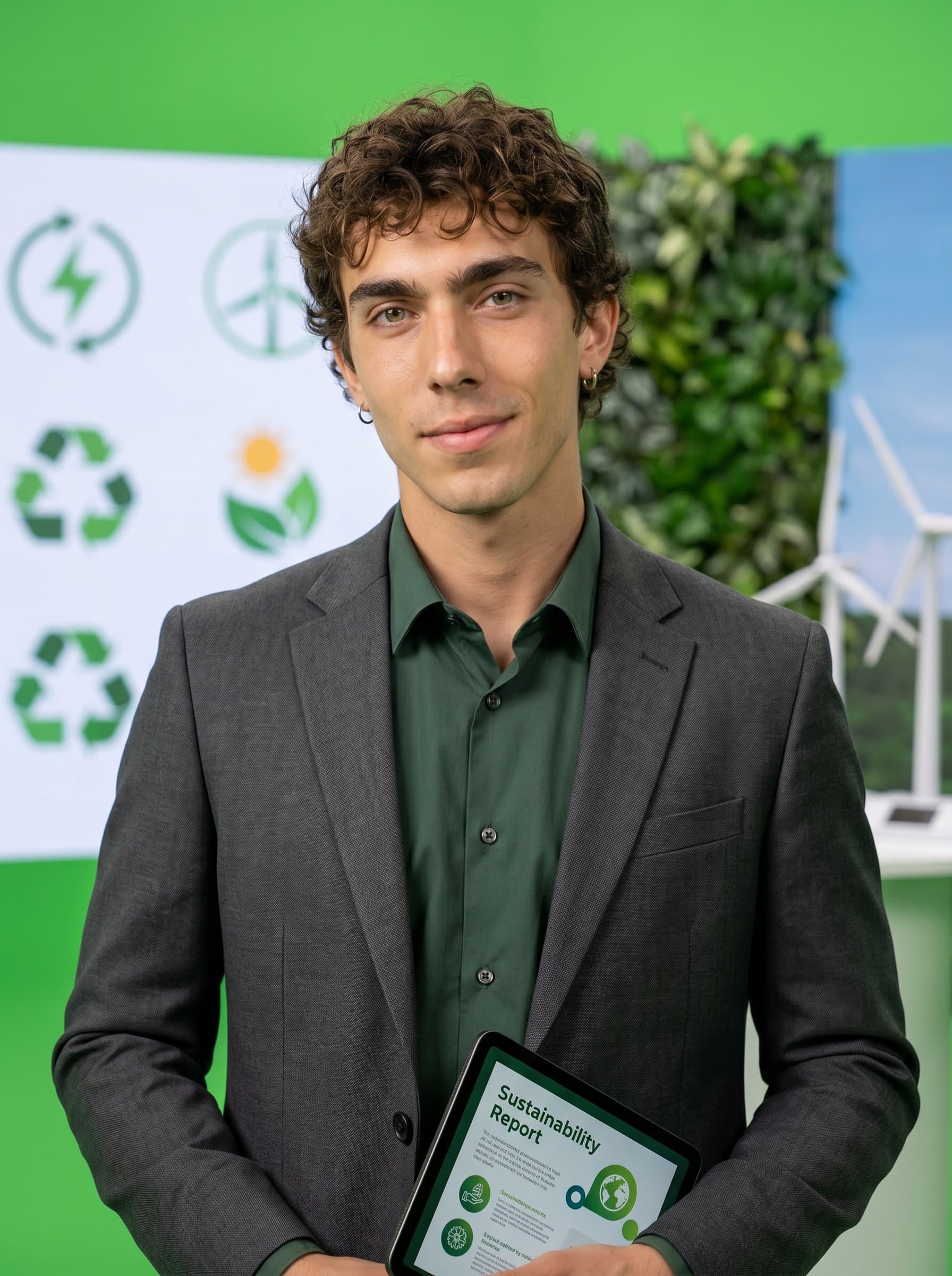 in a monochrome suit, slight smirk, subtle green screen background suggesting environmental consciousness, aligning with sustainability-focused industries. Emphasize earth tones and a forward-thinking image.