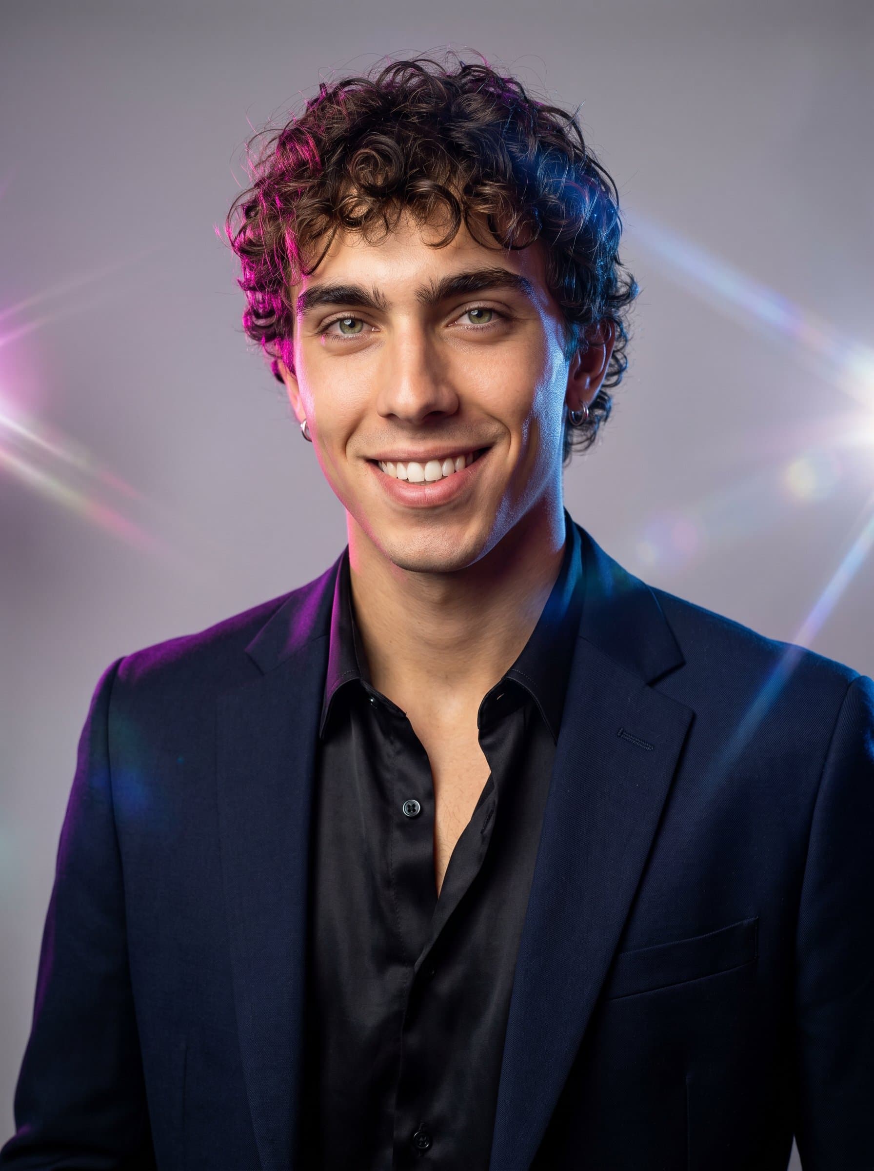 wearing a trendy blazer, no tie, with creative lighting effects, showcasing a vibrant personality against a neutral, softly-lit studio background. Perfect for a media and entertainment industry leader.